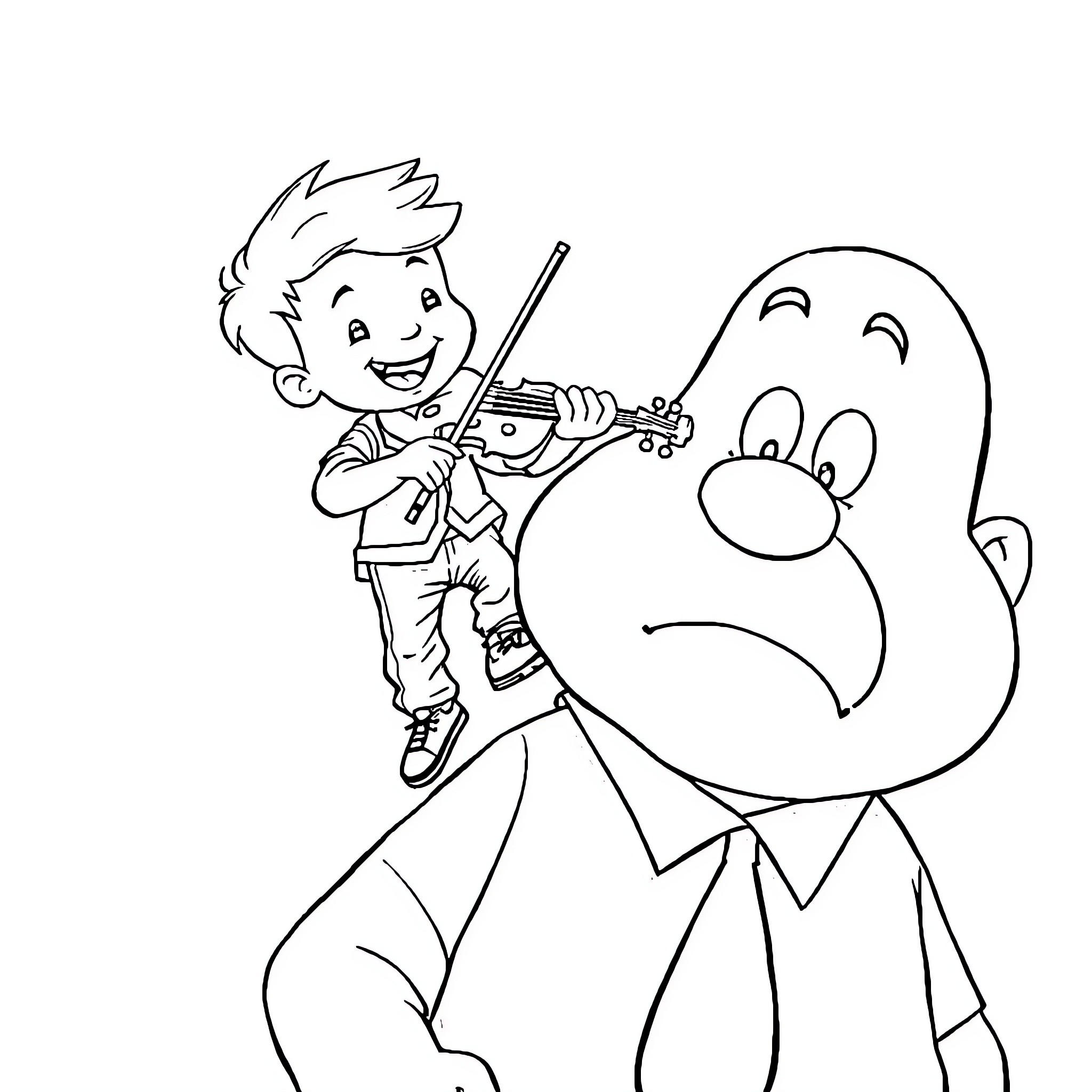 Stewie Griffin playing violin with a large friend Coloring Page (free black-and-white line drawing printable PDF for all, from beginners to advanced learners, including children, teens, adults, and seniors)