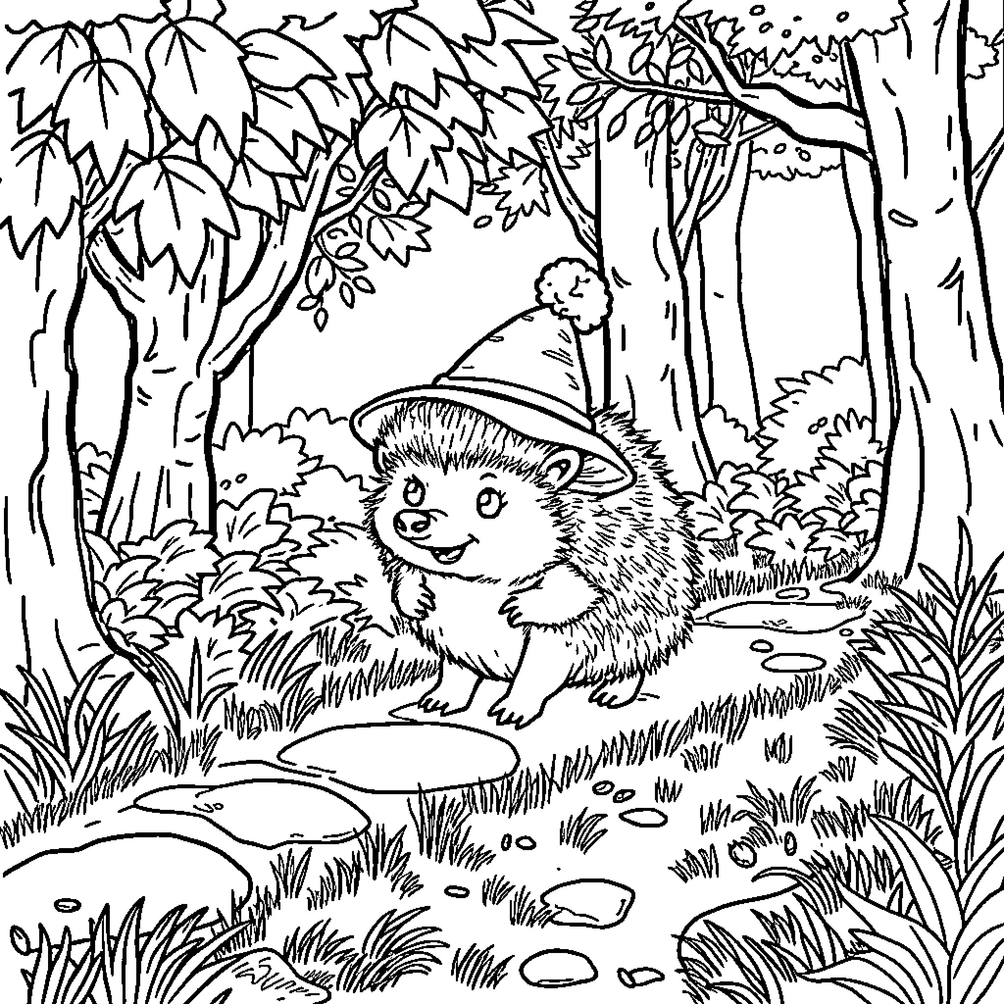 Hedgehog exploring the enchanted forest Coloring Page (free black-and-white line drawing printable PDF for all, from beginners to advanced learners, including children, teens, adults, and seniors)