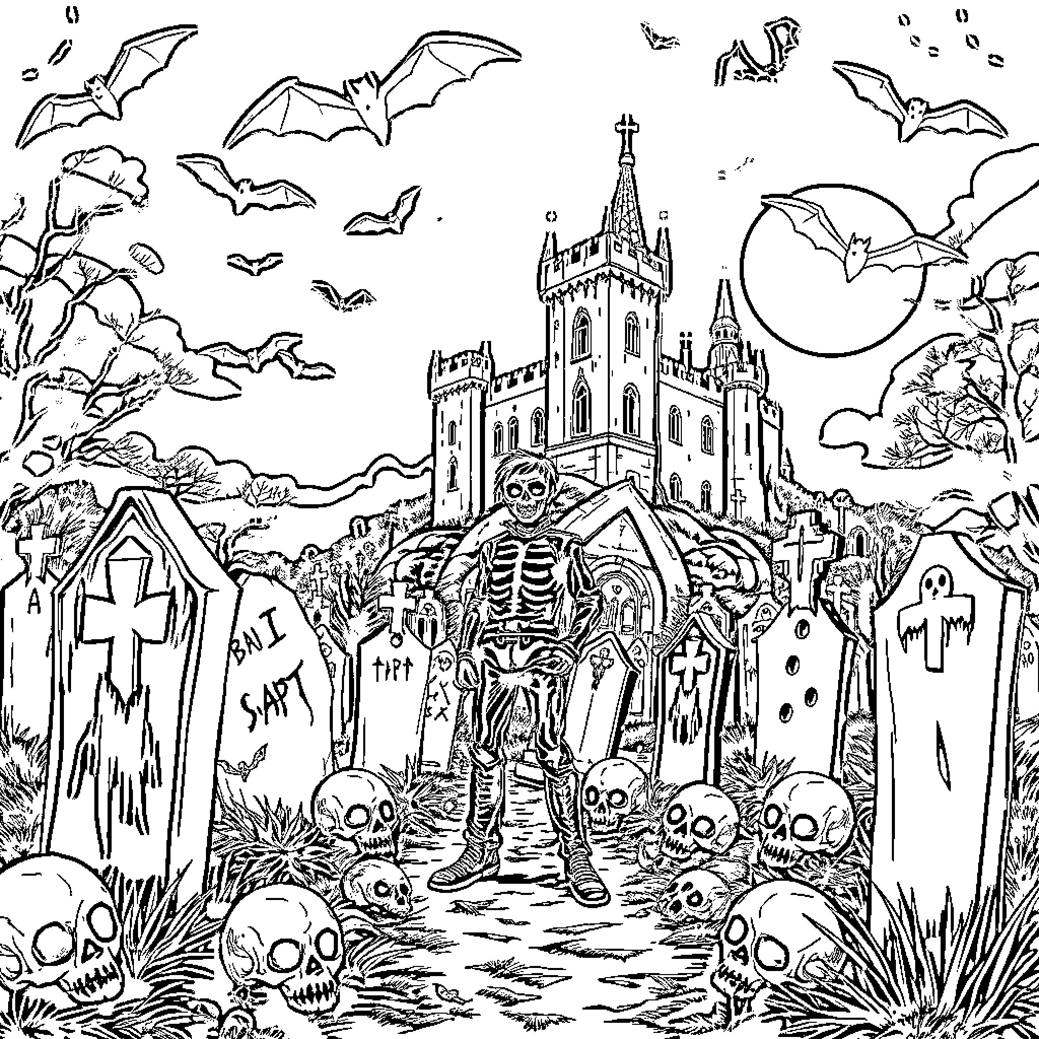 Skull Figures Exploring Haunted Castle Graveyard Coloring Page (free black-and-white line drawing printable PDF for all, from beginners to advanced learners, including children, teens, adults, and seniors)