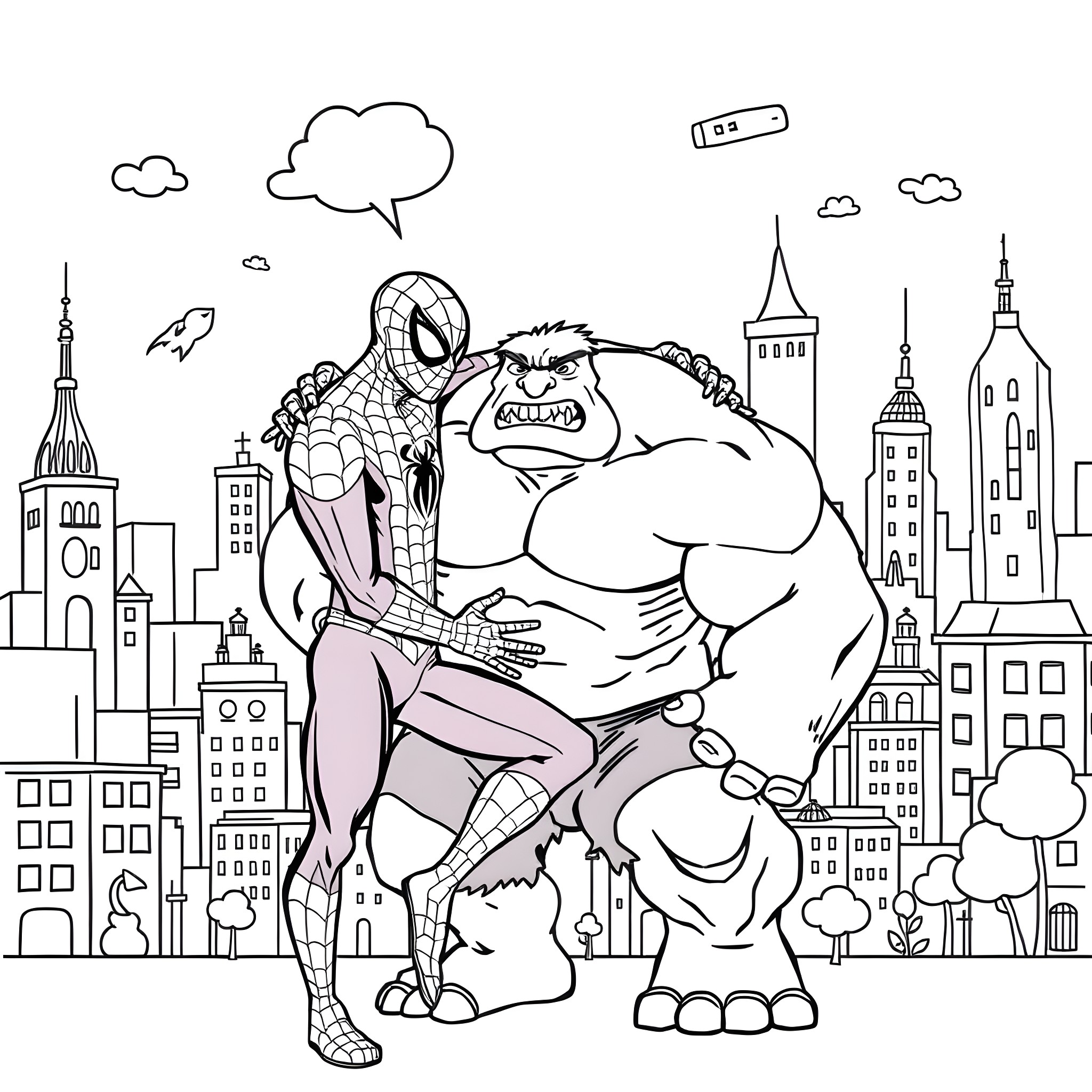 Spiderman battling a giant mutant in the city Coloring Page (free black-and-white line drawing printable PDF for all, from beginners to advanced learners, including children, teens, adults, and seniors)