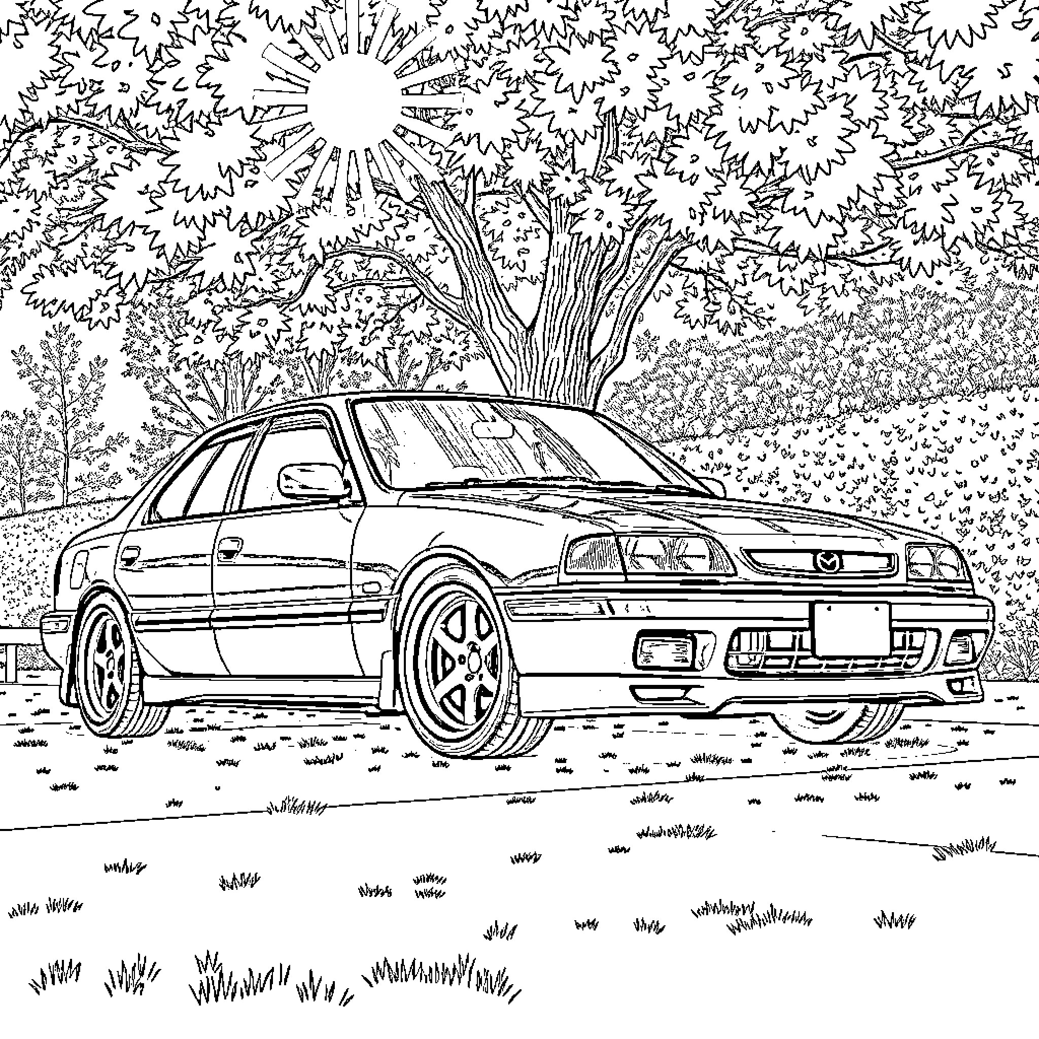 Mazda sports car in a nature landscape Coloring Page (free black-and-white line drawing printable PDF for all, from beginners to advanced learners, including children, teens, adults, and seniors)