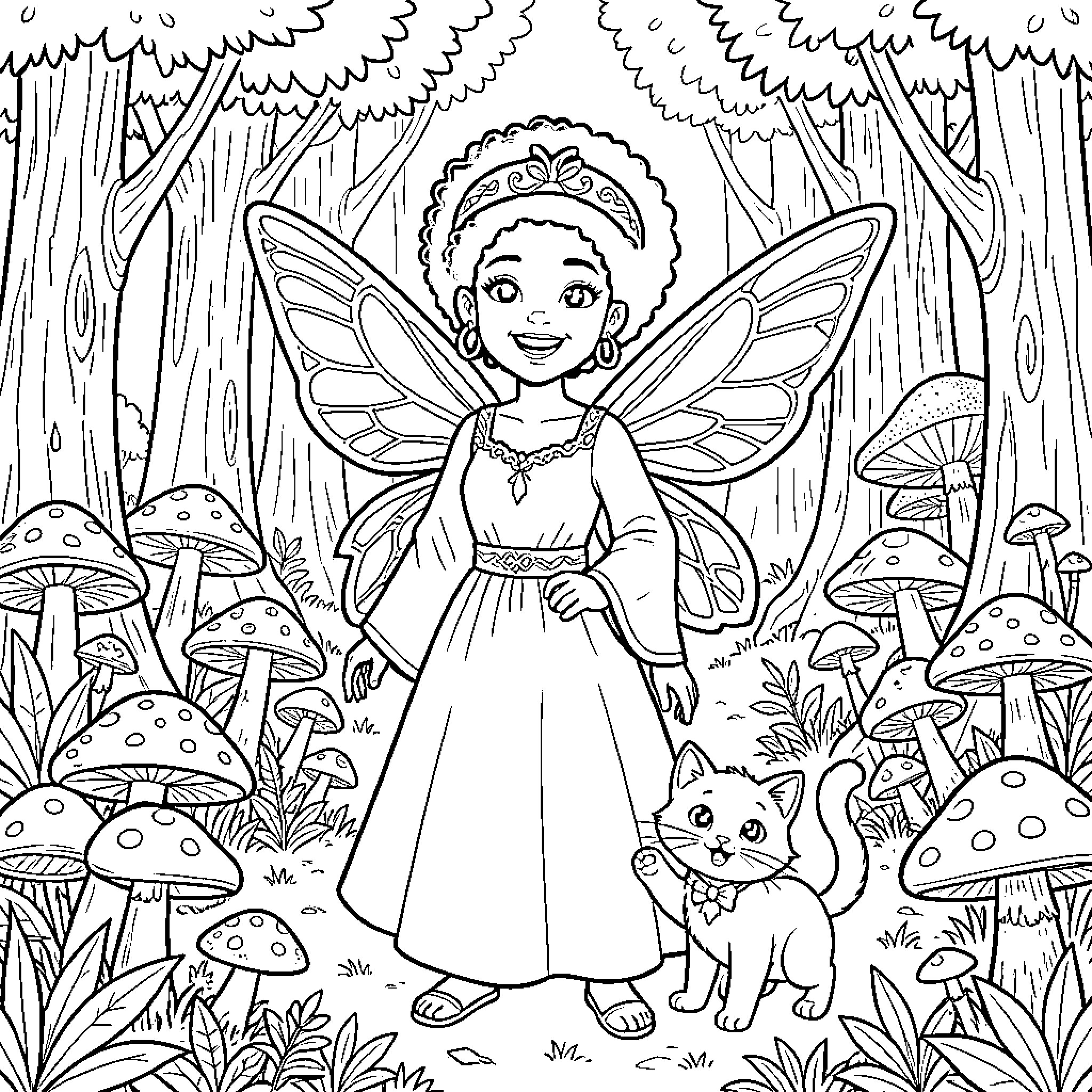 Hada the fairy and her forest friends Coloring Page (free black-and-white line drawing printable PDF for all, from beginners to advanced learners, including children, teens, adults, and seniors)