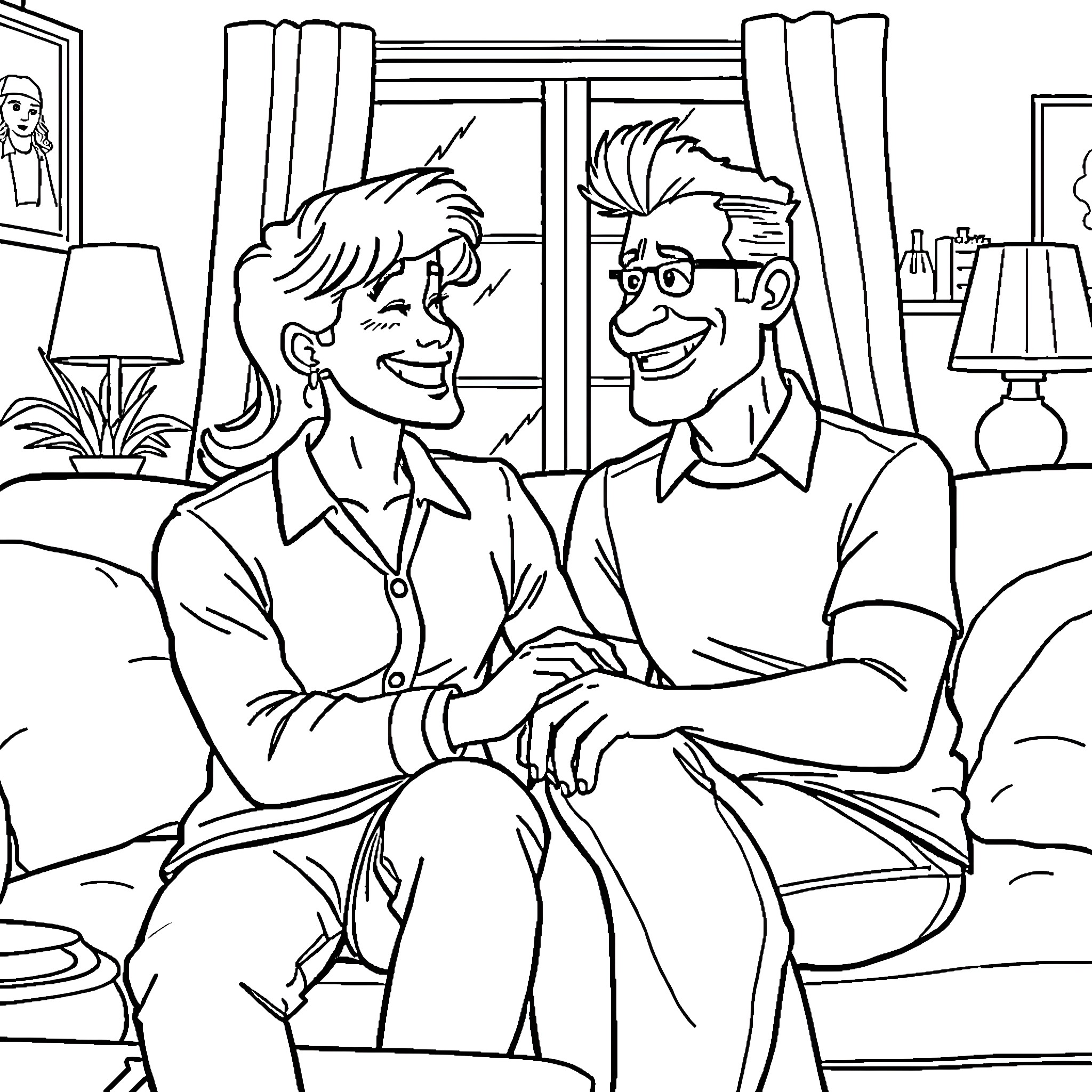 Dexter's Cozy Companionship Coloring Page (free black-and-white line drawing printable PDF for all, from beginners to advanced learners, including children, teens, adults, and seniors)
