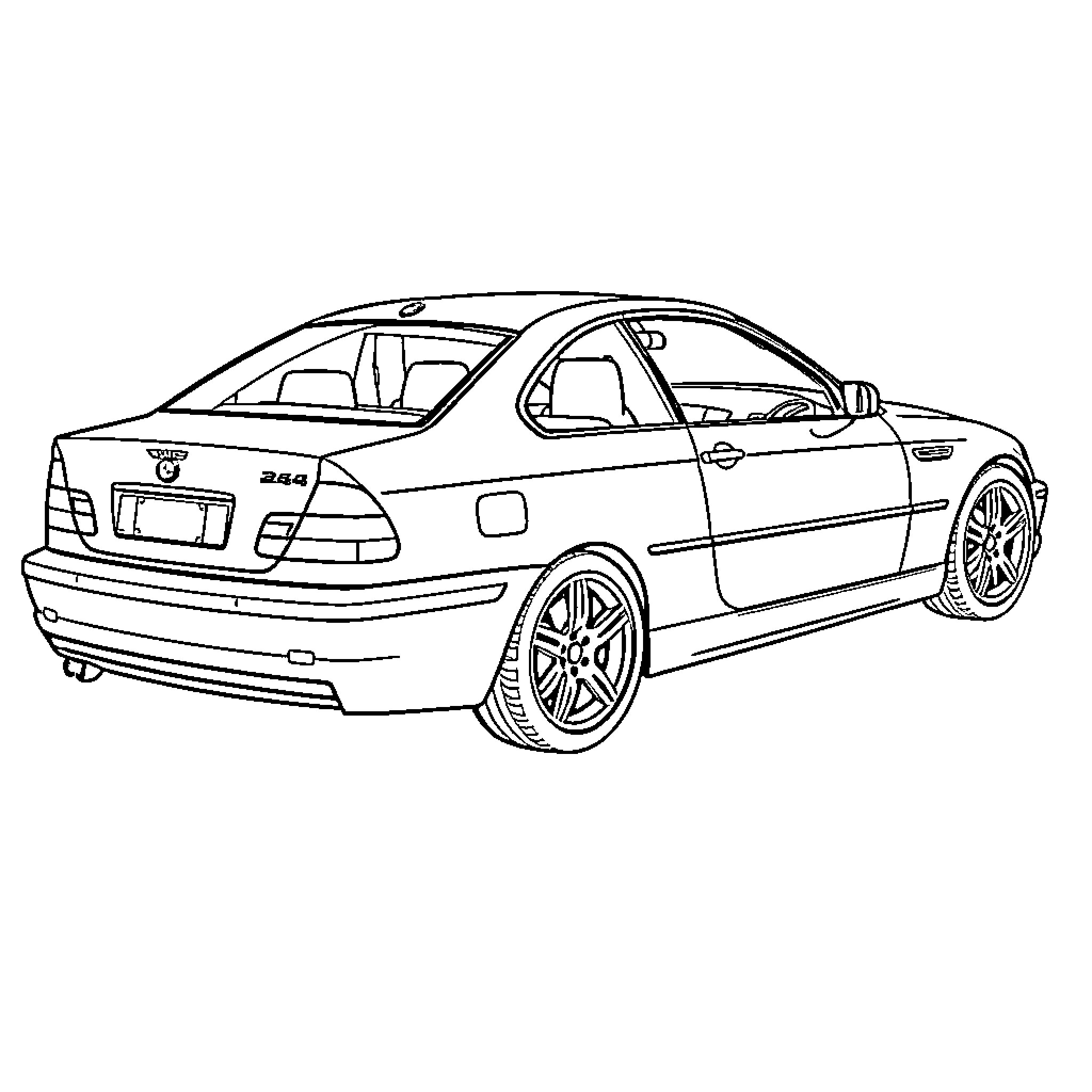 BMW Sleek Sedan in Detailed Outline Coloring Page (free black-and-white line drawing printable PDF for all, from beginners to advanced learners, including children, teens, adults, and seniors)