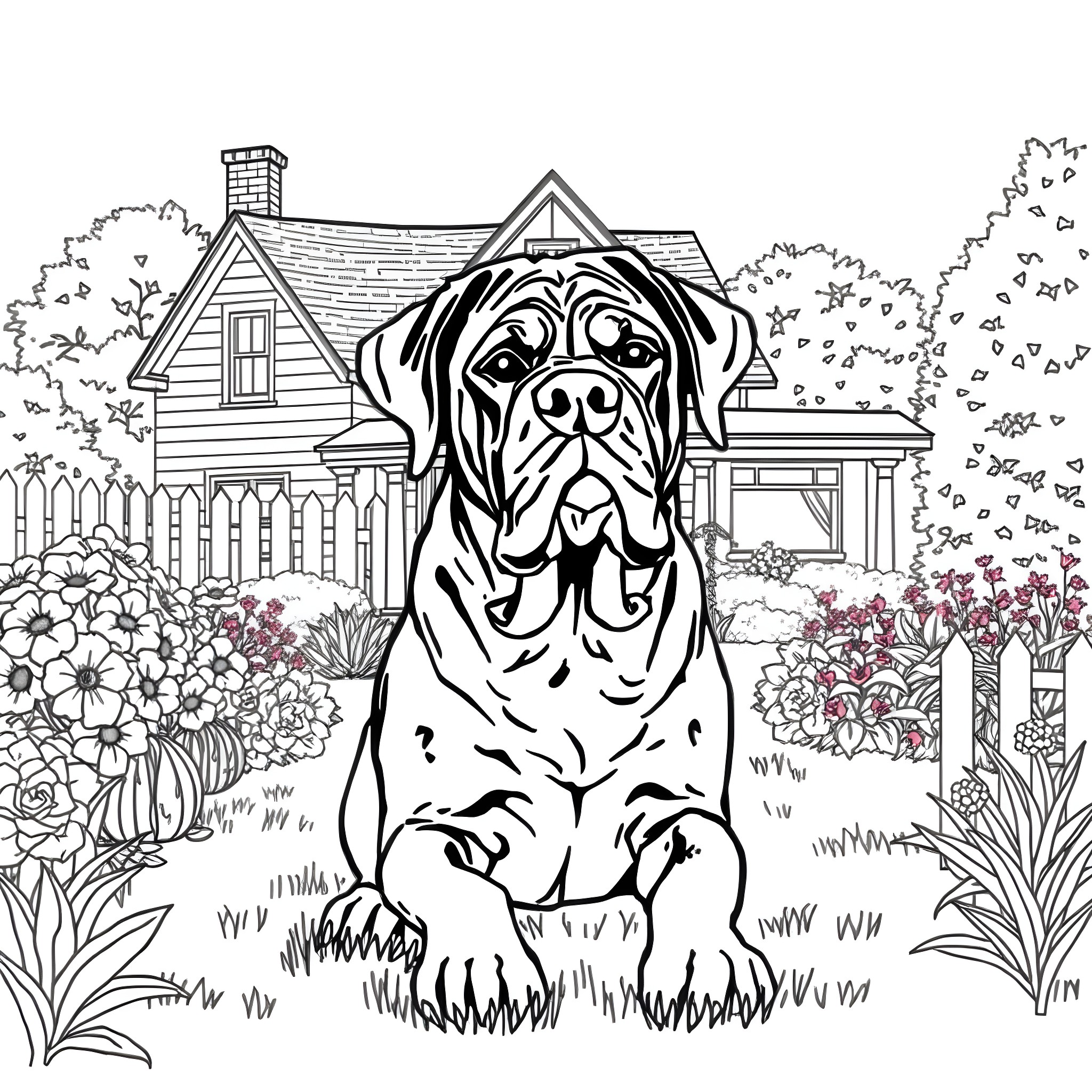 Mastiff enjoying the garden scenery Coloring Page (free black-and-white line drawing printable PDF for all, from beginners to advanced learners, including children, teens, adults, and seniors)