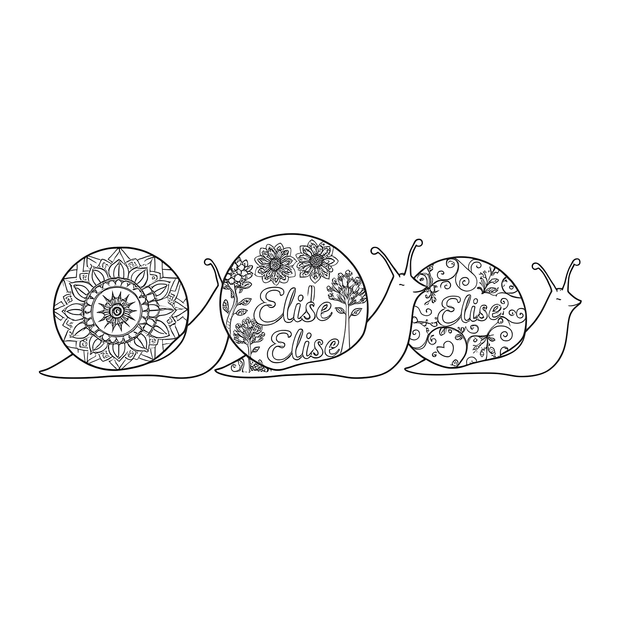 Snail trio with floral patterns and names Coloring Page (free black-and-white line drawing printable PDF for all, from beginners to advanced learners, including children, teens, adults, and seniors)
