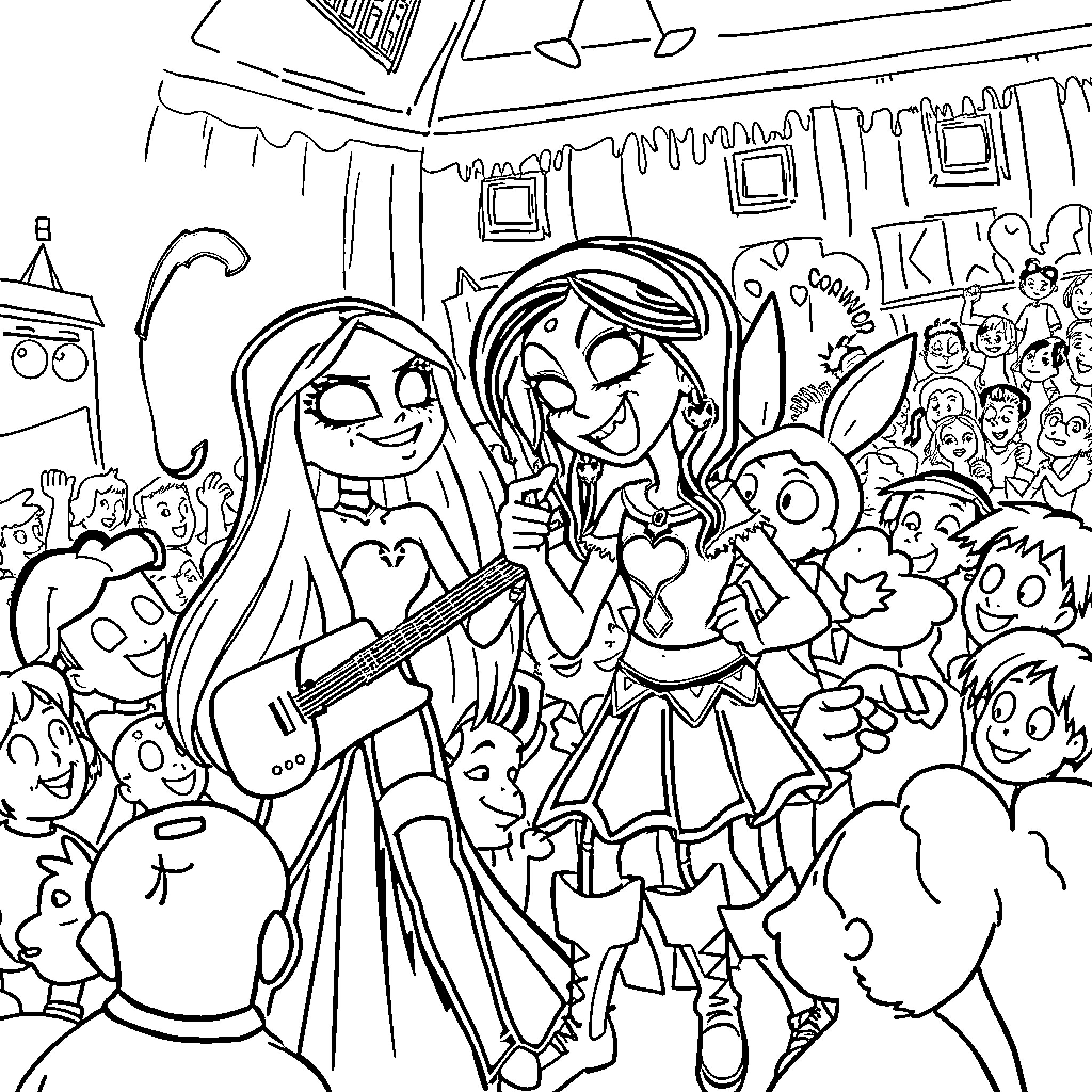 Marceline performing for a lively crowd Coloring Page (free black-and-white line drawing printable PDF for all, from beginners to advanced learners, including children, teens, adults, and seniors)