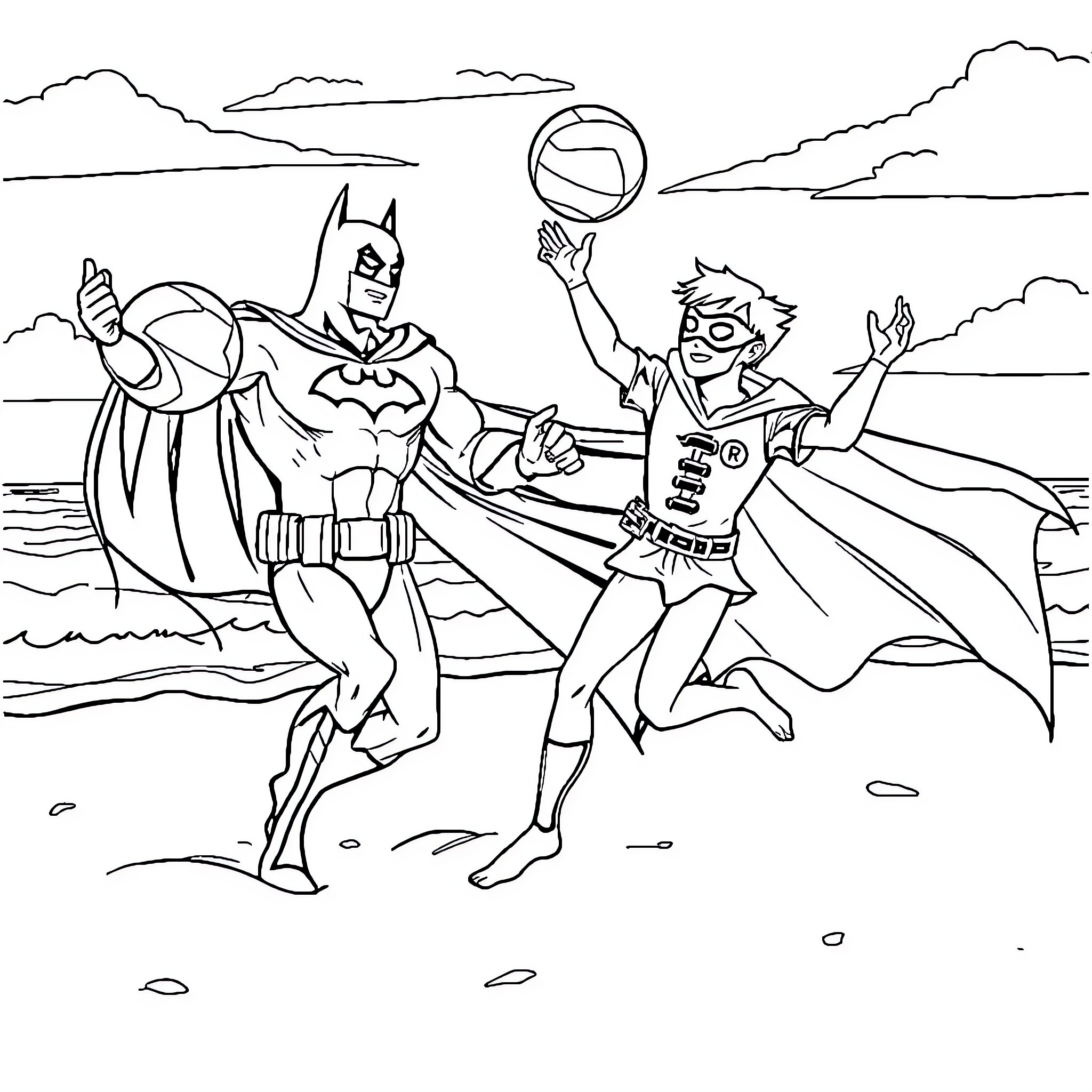 Batman and Robin playing together in the city Coloring Page (free black-and-white line drawing printable PDF for all, from beginners to advanced learners, including children, teens, adults, and seniors)