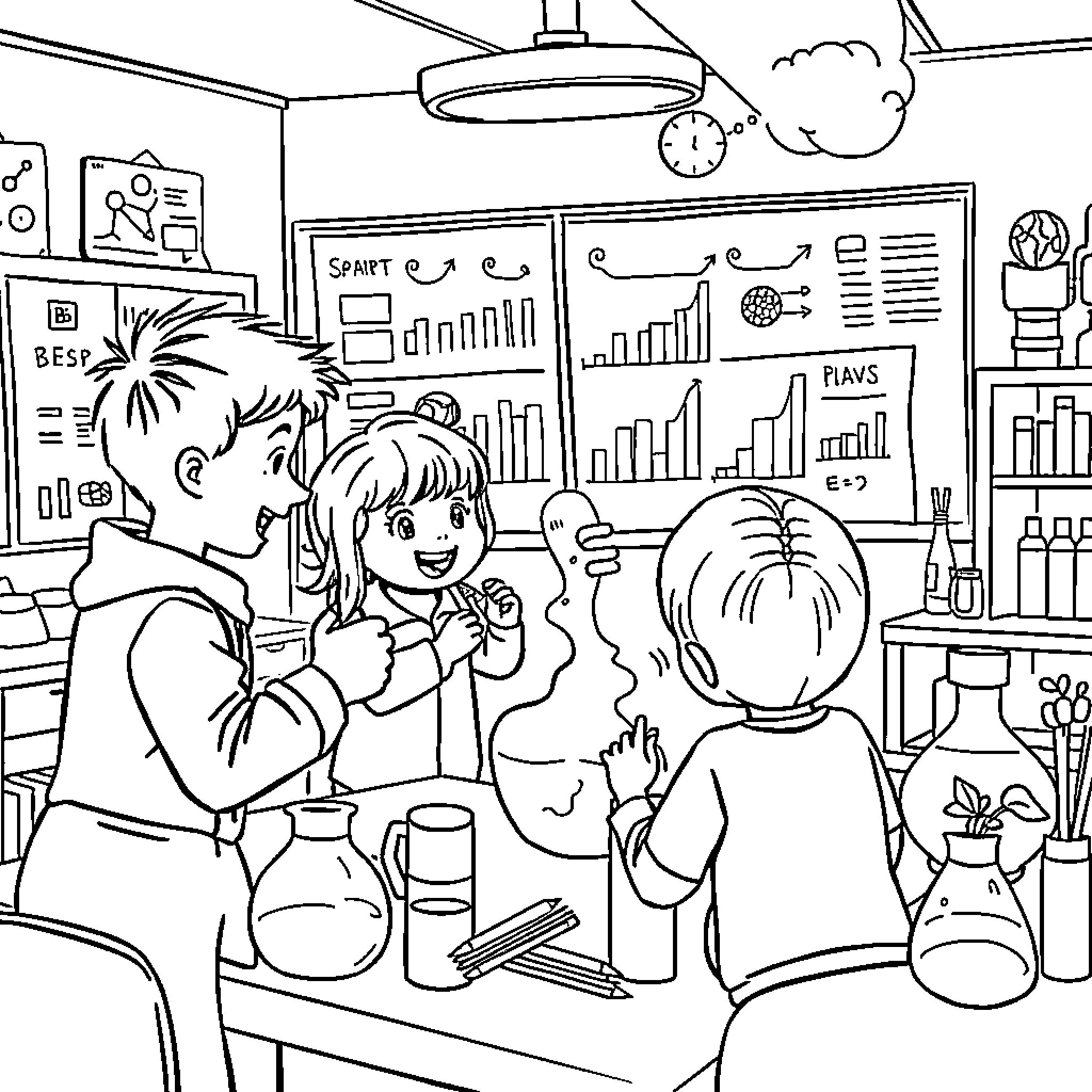 Kid Studying Diligently with Classmates in Classroom Coloring Page (free black-and-white line drawing printable PDF for all, from beginners to advanced learners, including children, teens, adults, and seniors)