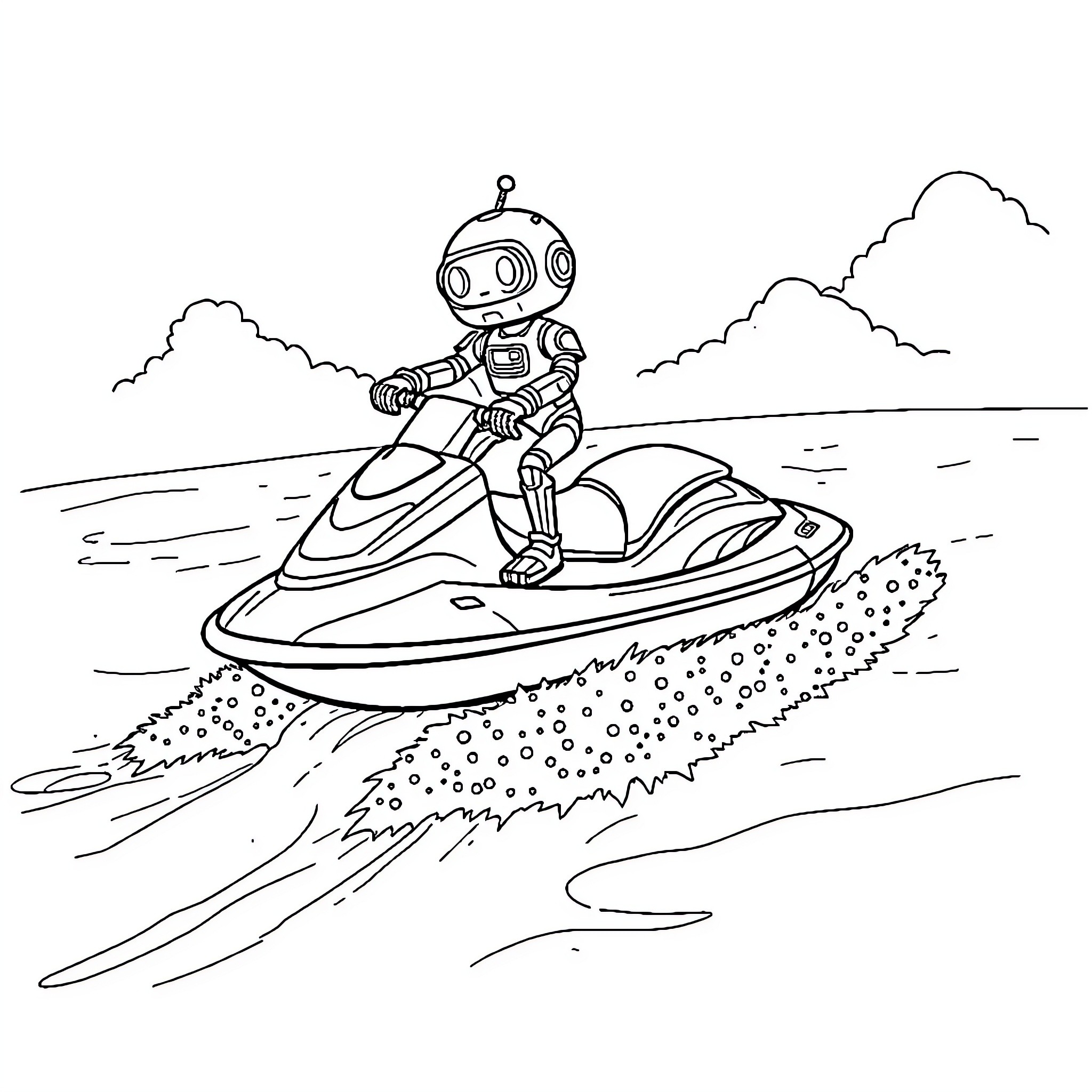 Robot riding a jet ski on the water Coloring Page (free black-and-white line drawing printable PDF for all, from beginners to advanced learners, including children, teens, adults, and seniors)