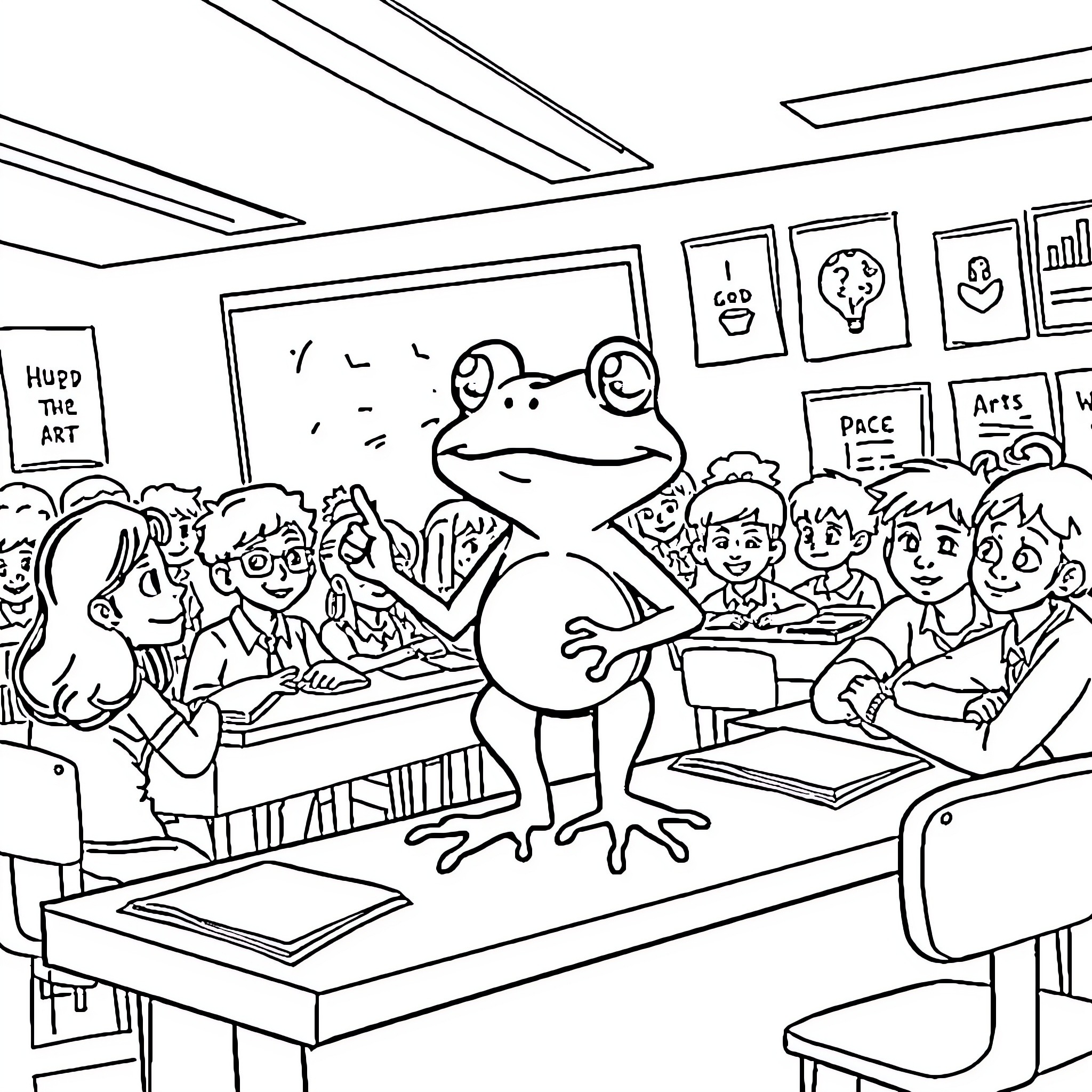 Frog teaching art to students in the classroom Coloring Page (free black-and-white line drawing printable PDF for all, from beginners to advanced learners, including children, teens, adults, and seniors)