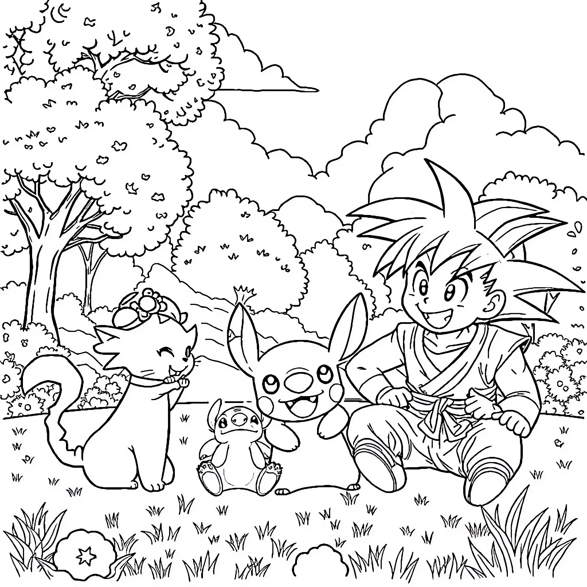 Cat and Friends Explore the Enchanting Forest Coloring Page (free black-and-white line drawing printable PDF for all, from beginners to advanced learners, including children, teens, adults, and seniors)