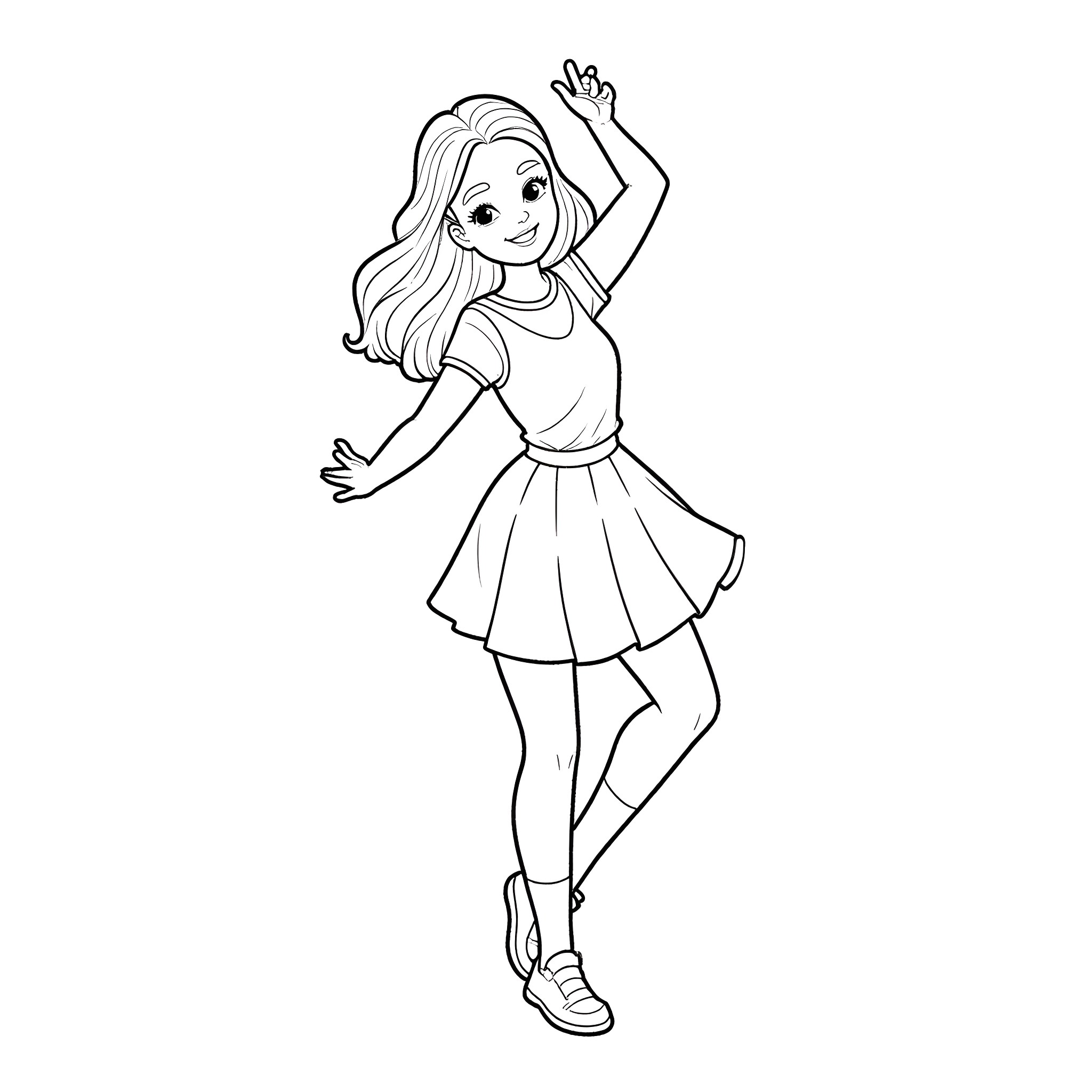 Girl dancing in a cheerful pose Coloring Page (free black-and-white line drawing printable PDF for all, from beginners to advanced learners, including children, teens, adults, and seniors)