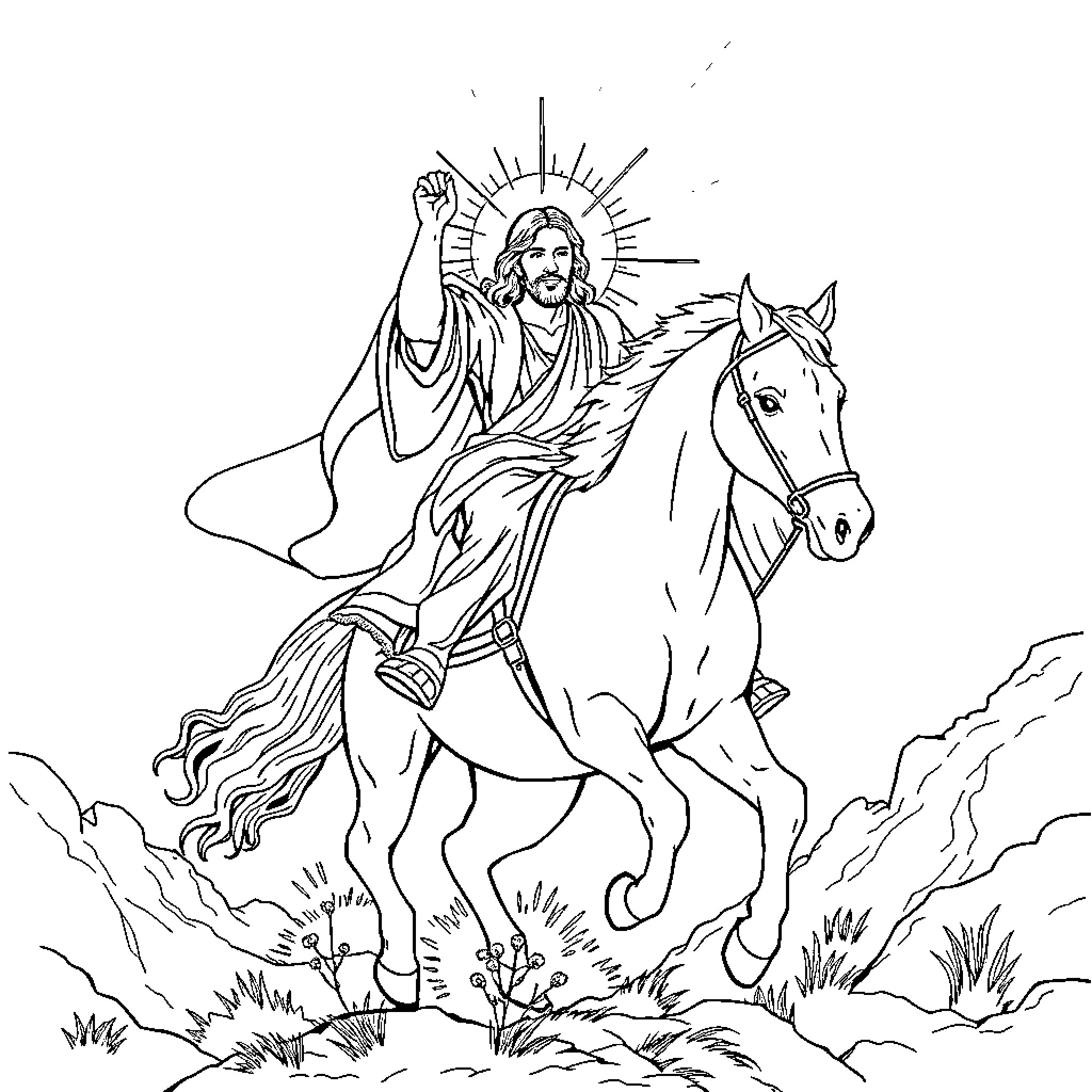Jesus riding a white horse in a triumphant scene Coloring Page (free black-and-white line drawing printable PDF for all, from beginners to advanced learners, including children, teens, adults, and seniors)