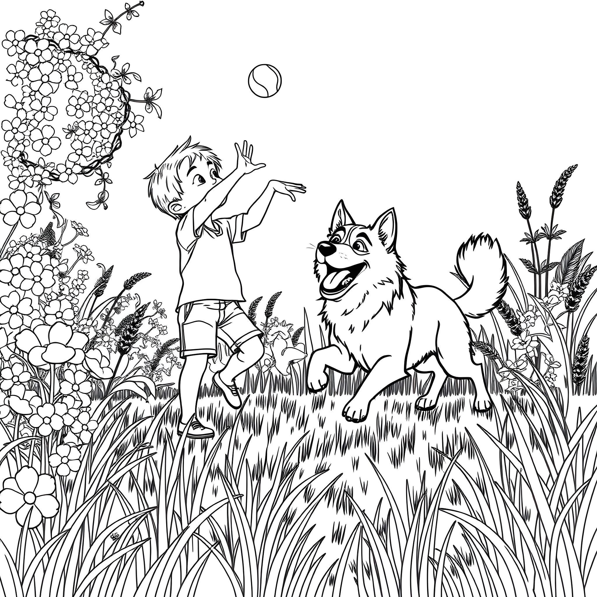 Boy playing joyfully with a friendly dog in a floral field Coloring Page (free black-and-white line drawing printable PDF for all, from beginners to advanced learners, including children, teens, adults, and seniors)