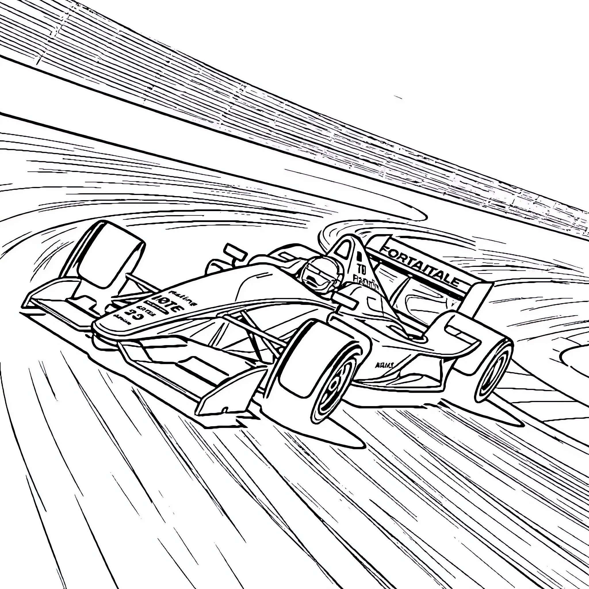 Formula One Car in High-Speed Action Coloring Page (free black-and-white line drawing printable PDF for all, from beginners to advanced learners, including children, teens, adults, and seniors)