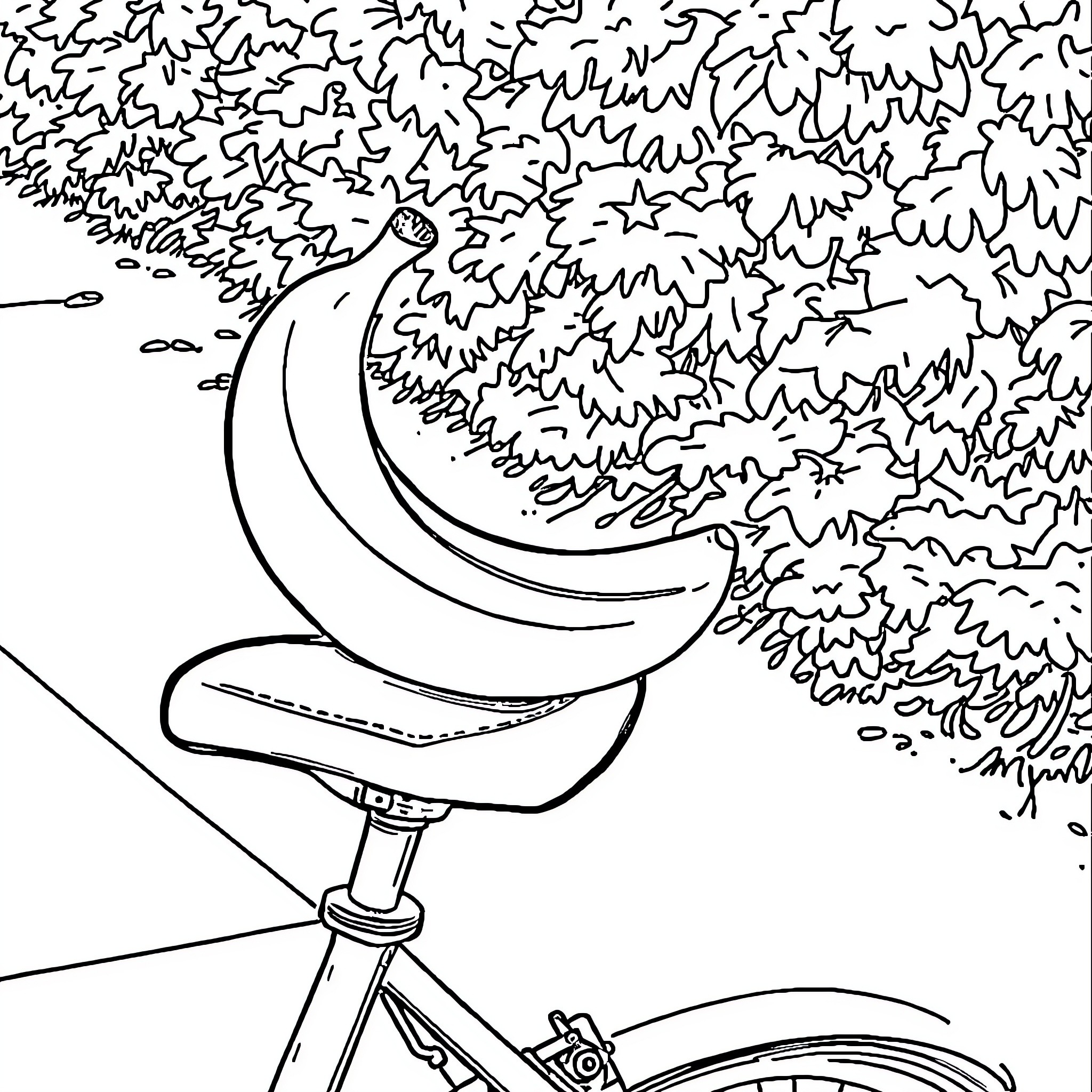 Banana bicycle enjoying nature's embrace Coloring Page (free black-and-white line drawing printable PDF for all, from beginners to advanced learners, including children, teens, adults, and seniors)