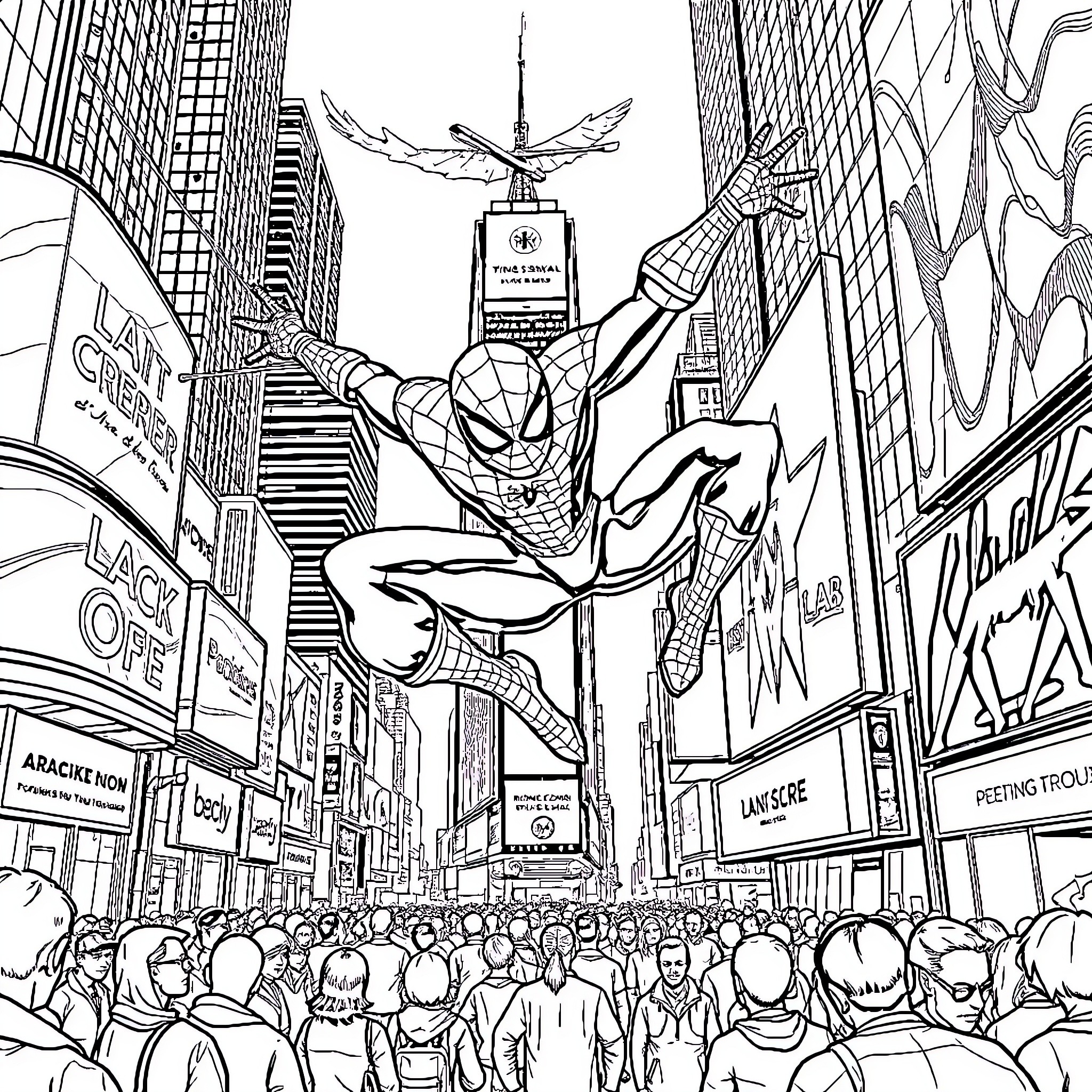 Spiderman swinging through the bustling city streets Coloring Page (free black-and-white line drawing printable PDF for all, from beginners to advanced learners, including children, teens, adults, and seniors)