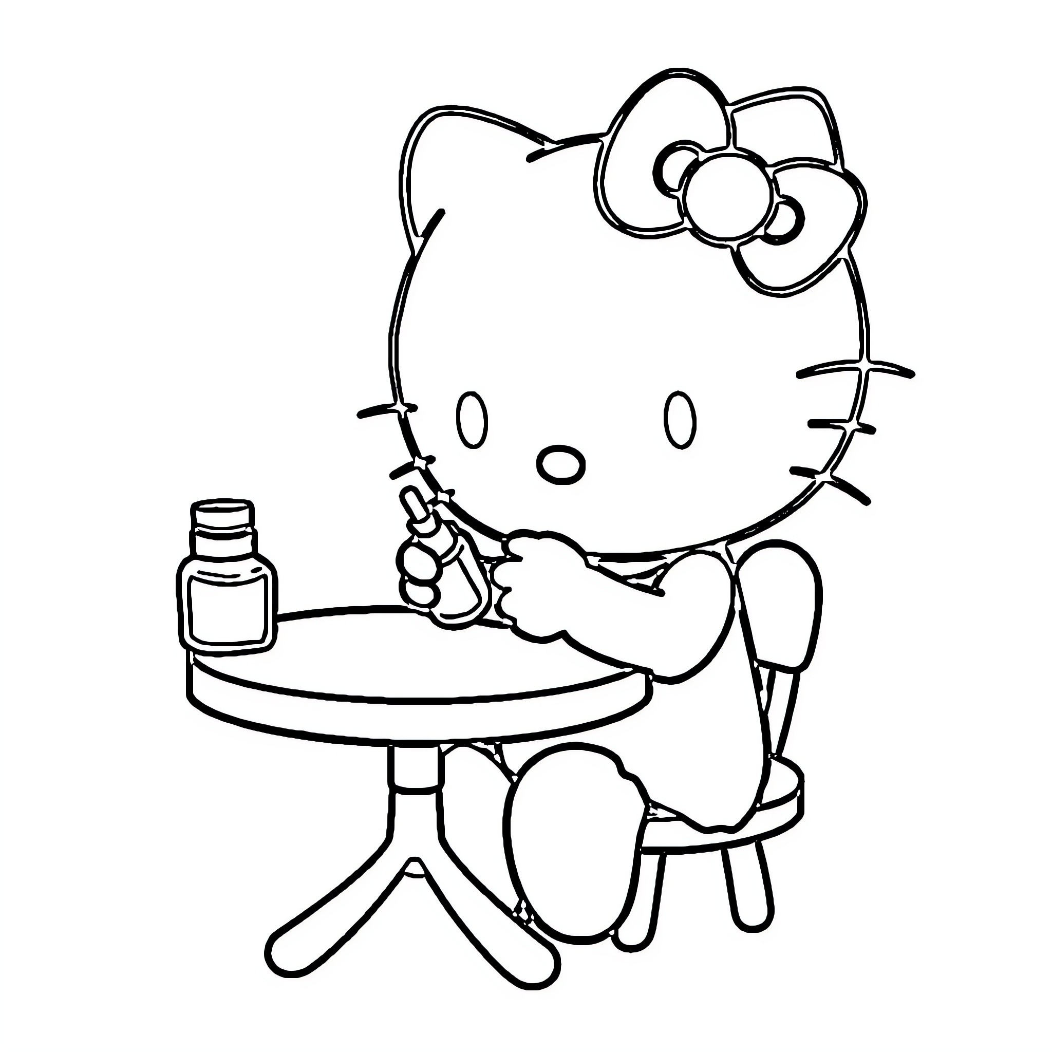 Hello Kitty doing arts and crafts Coloring Page (free black-and-white line drawing printable PDF for all, from beginners to advanced learners, including children, teens, adults, and seniors)