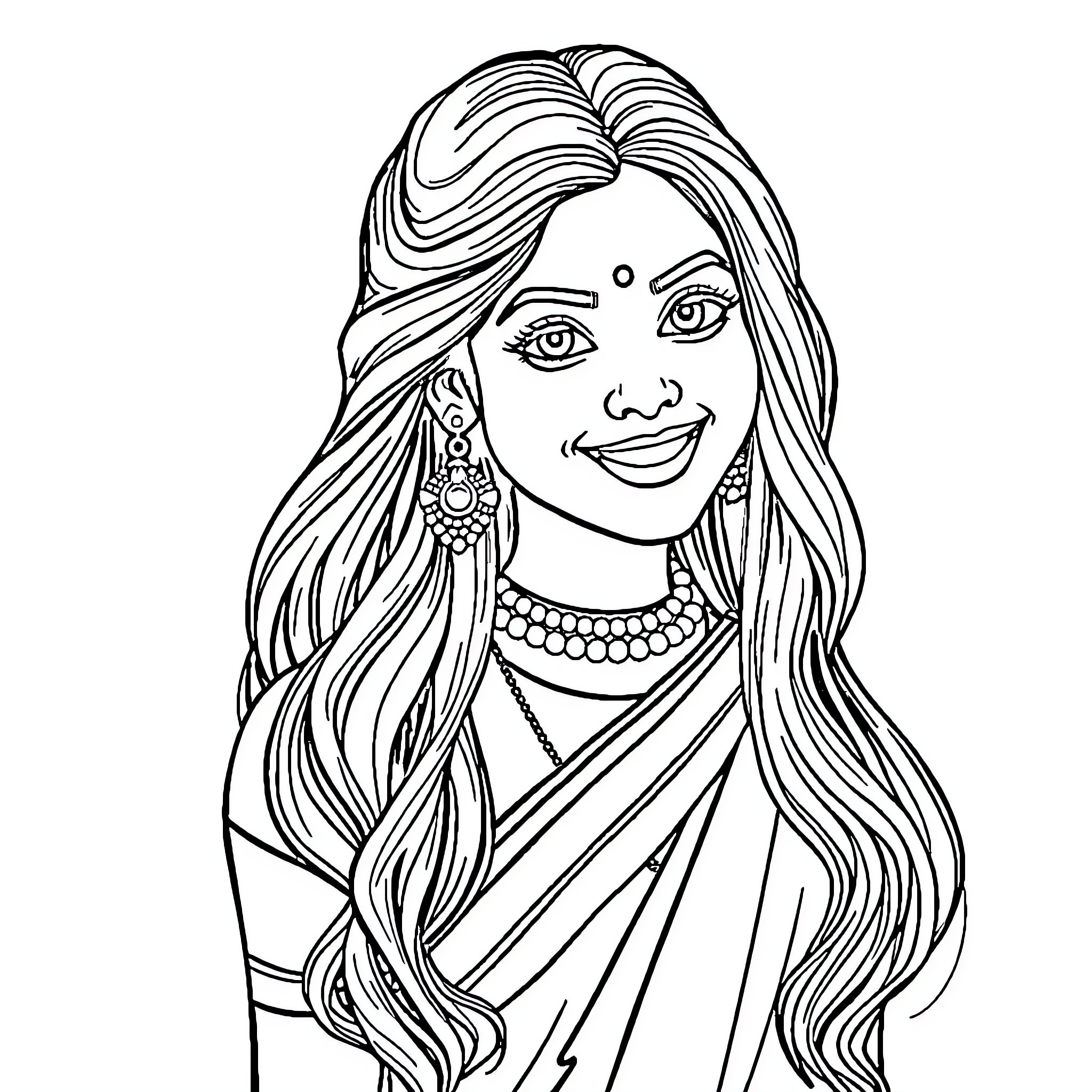 Girl with Intricate Hairstyle and Jewelry Coloring Page (free black-and-white line drawing printable PDF for all, from beginners to advanced learners, including children, teens, adults, and seniors)