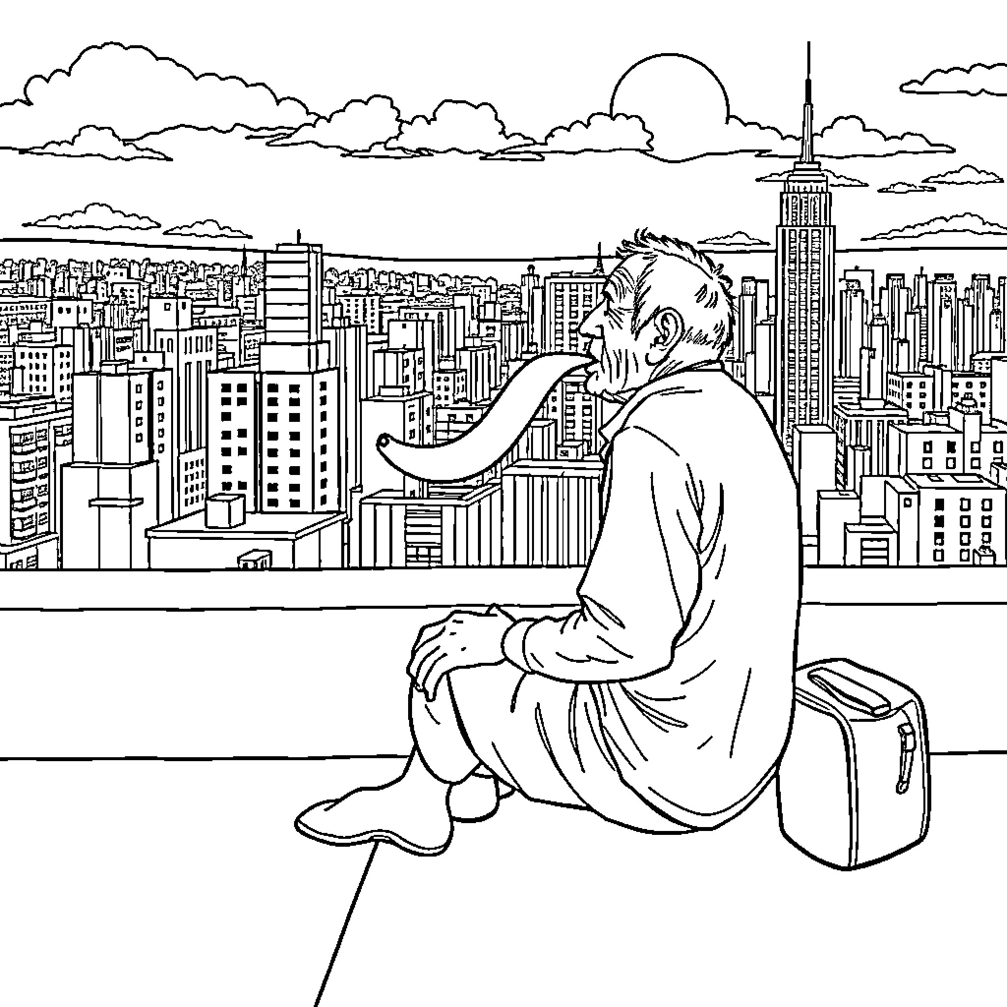 Man contemplating the city skyline from a rooftop Coloring Page (free black-and-white line drawing printable PDF for all, from beginners to advanced learners, including children, teens, adults, and seniors)