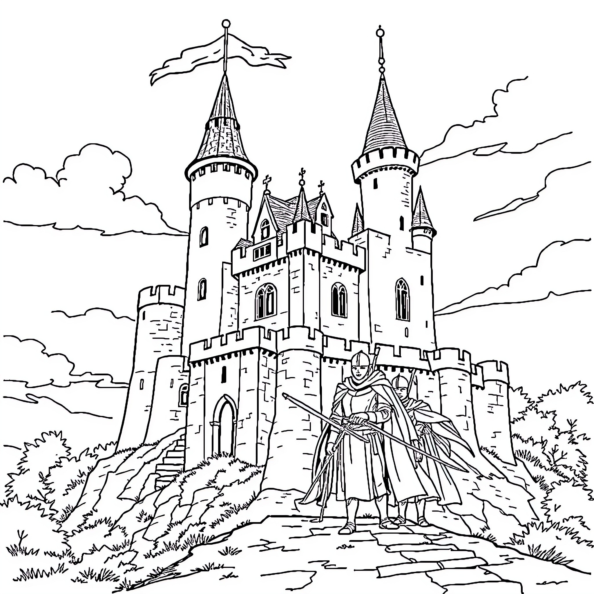 Château with Majestic Towers and Figures Coloring Page (free black-and-white line drawing printable PDF for all, from beginners to advanced learners, including children, teens, adults, and seniors)