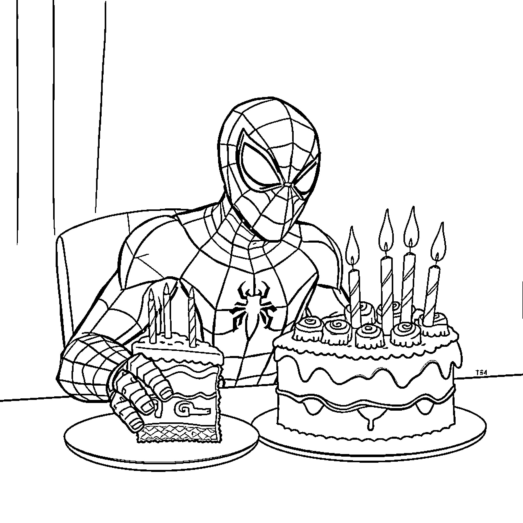 Spiderman celebrates birthday with cake and candles Coloring Page (free black-and-white line drawing printable PDF for all, from beginners to advanced learners, including children, teens, adults, and seniors)
