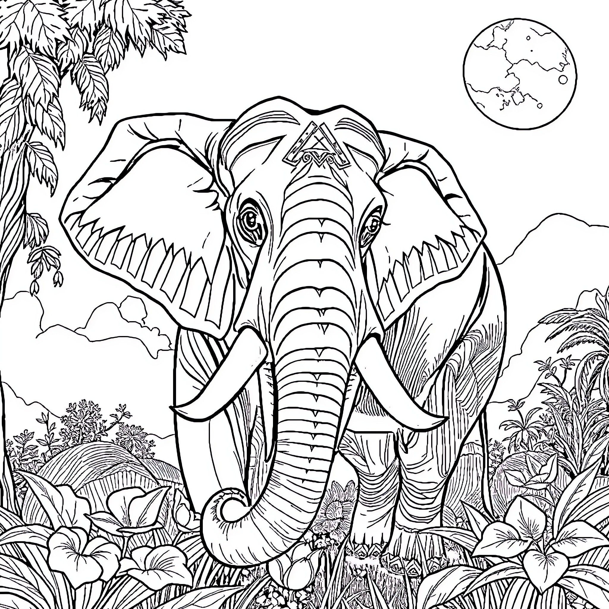 Elephant walking in the lush jungle landscape Coloring Page (free black-and-white line drawing printable PDF for all, from beginners to advanced learners, including children, teens, adults, and seniors)