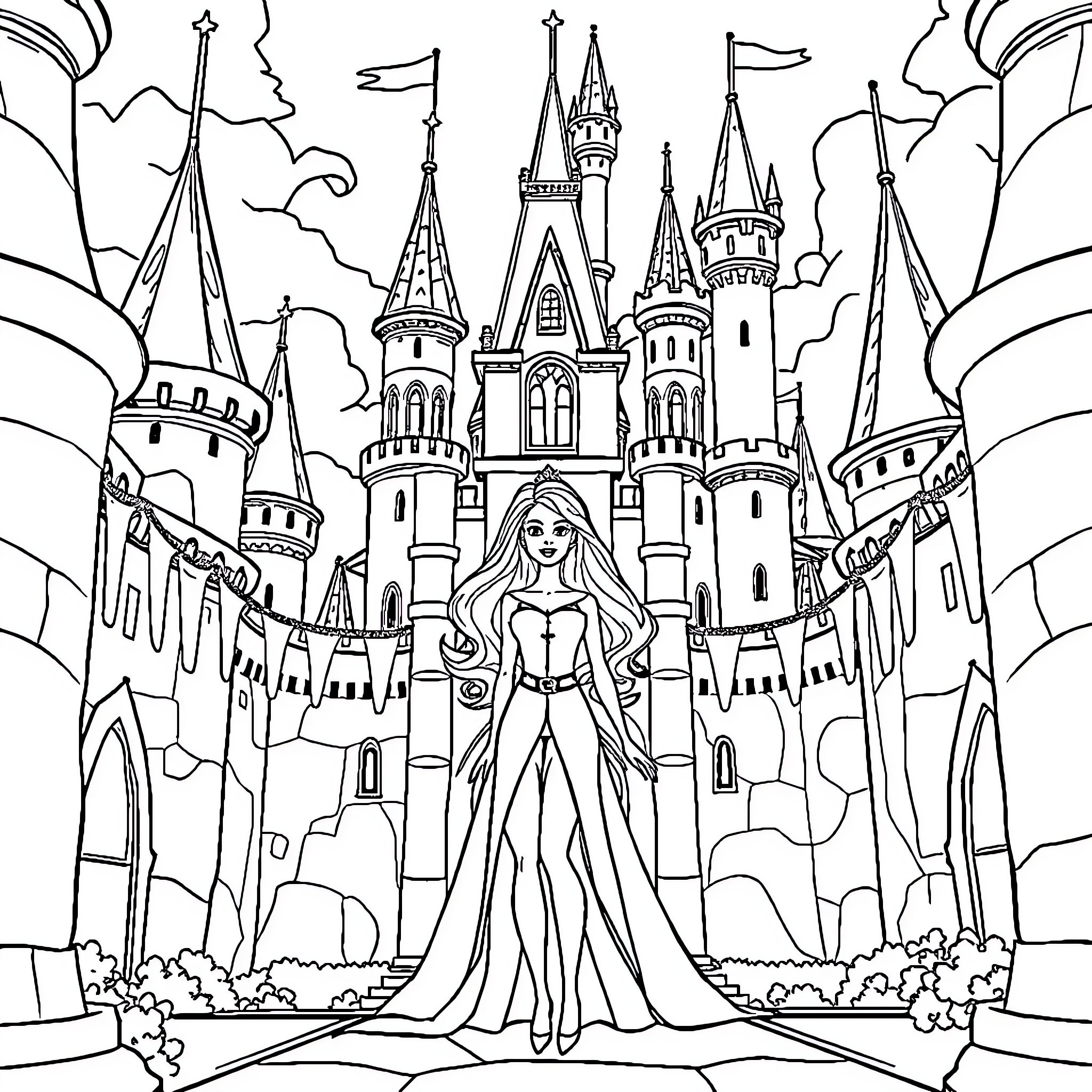 Barbie in a Majestic Castle Adventure Coloring Page (free black-and-white line drawing printable PDF for all, from beginners to advanced learners, including children, teens, adults, and seniors)