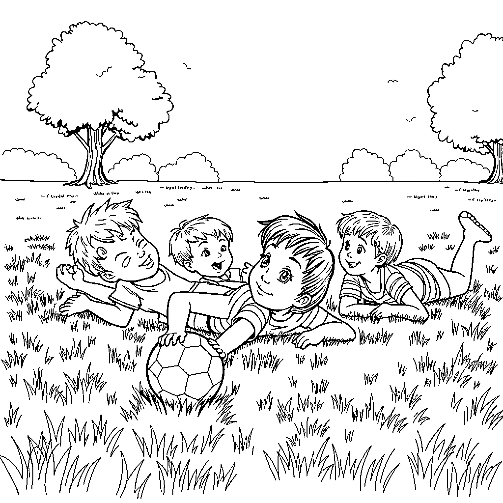 Dodgeball game with enthusiastic kids on a grassy field Coloring Page (free black-and-white line drawing printable PDF for all, from beginners to advanced learners, including children, teens, adults, and seniors)