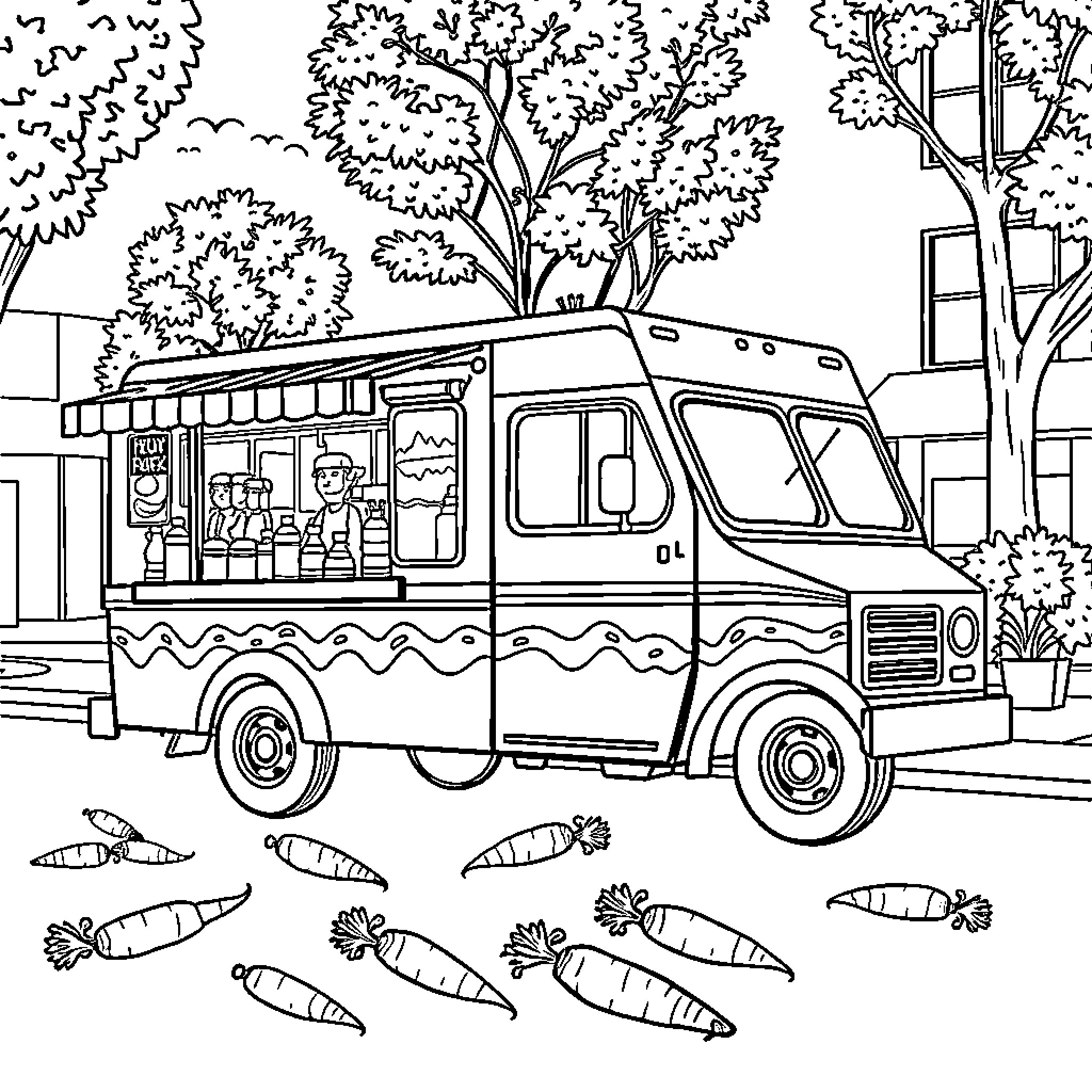 Food Truck Serving Delicious Treats in the Park Coloring Page (free black-and-white line drawing printable PDF for all, from beginners to advanced learners, including children, teens, adults, and seniors)