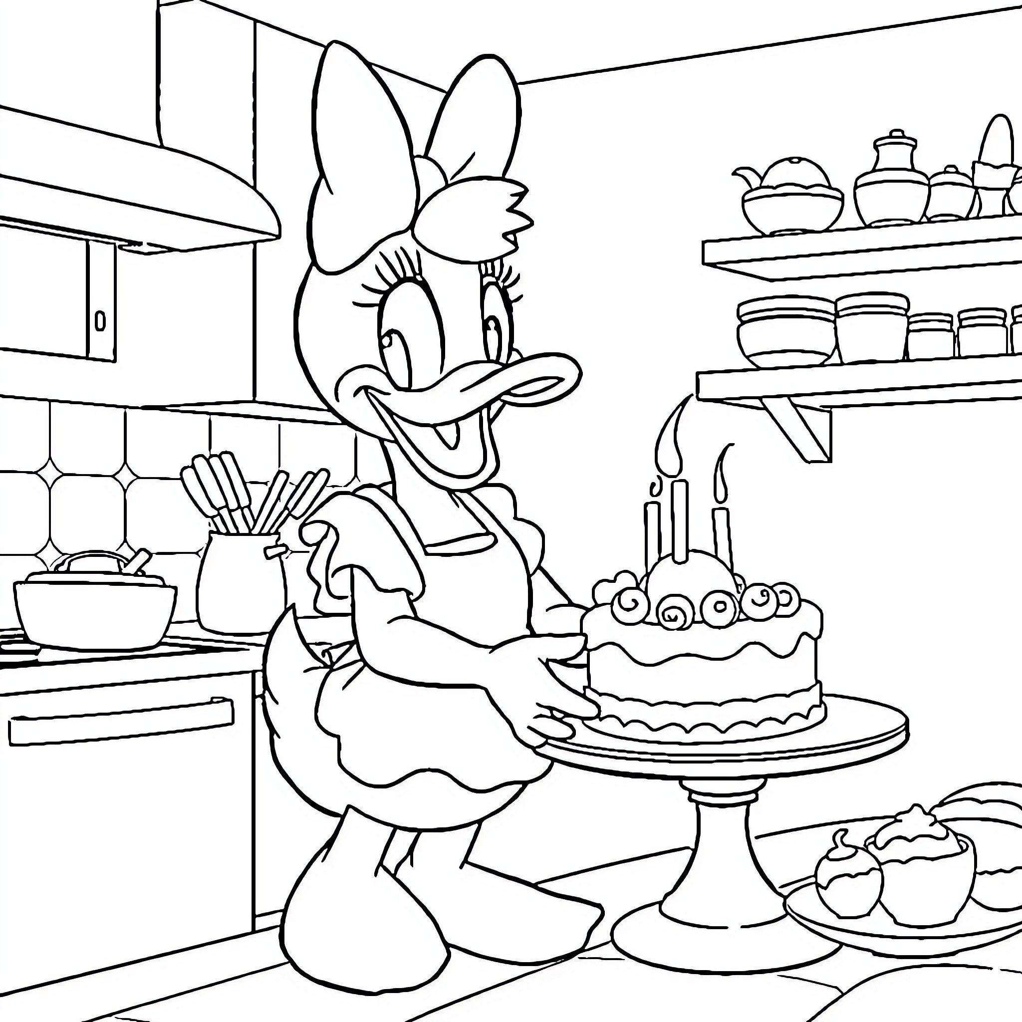 Daisy Duck baking a cake in the kitchen Coloring Page (free black-and-white line drawing printable PDF for all, from beginners to advanced learners, including children, teens, adults, and seniors)