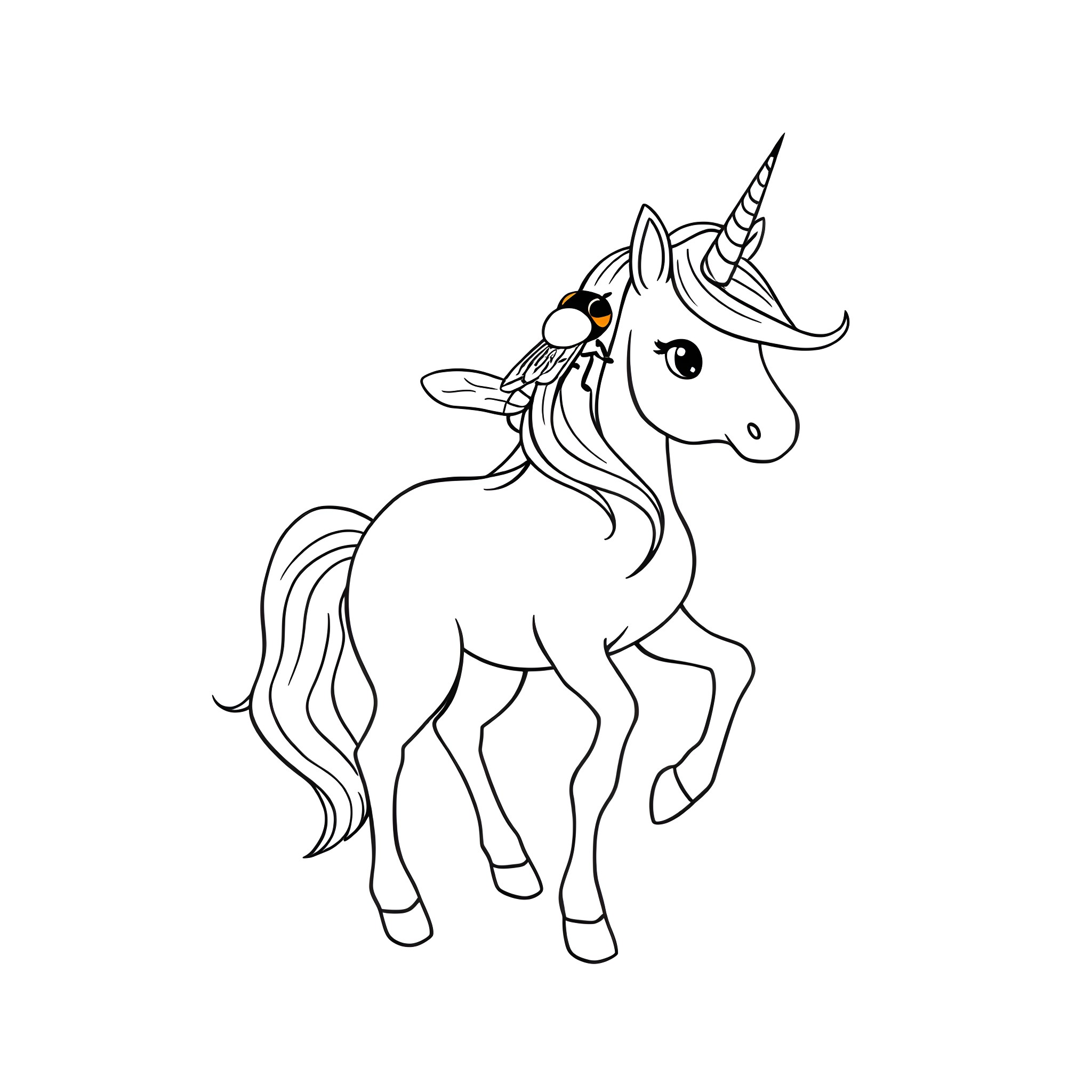 Fly Magical Unicorn with Butterfly Coloring Page (free black-and-white line drawing printable PDF for all, from beginners to advanced learners, including children, teens, adults, and seniors)