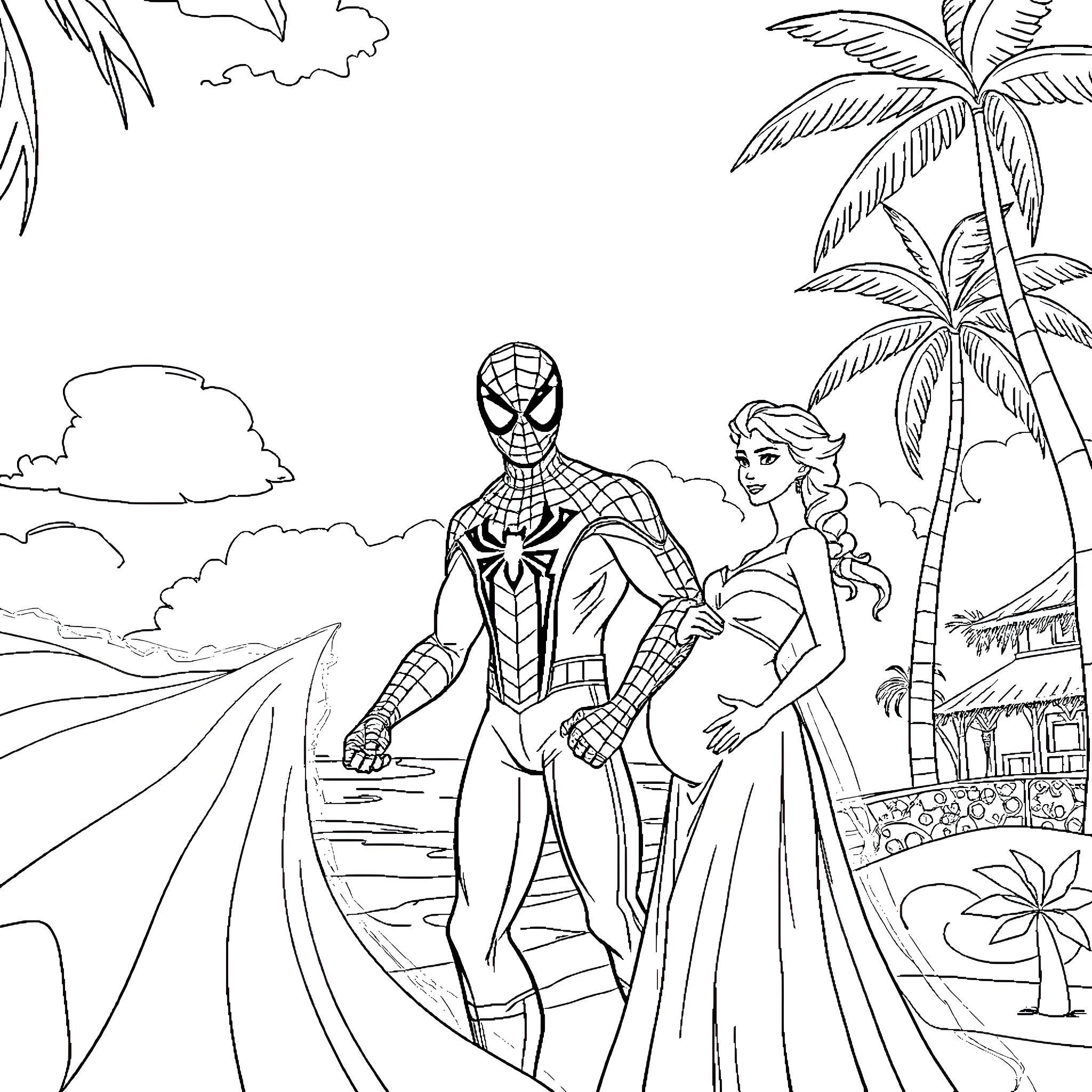 Abraham Lincoln meets Spiderman and Princess in the tropics Coloring Page (free black-and-white line drawing printable PDF for all, from beginners to advanced learners, including children, teens, adults, and seniors)