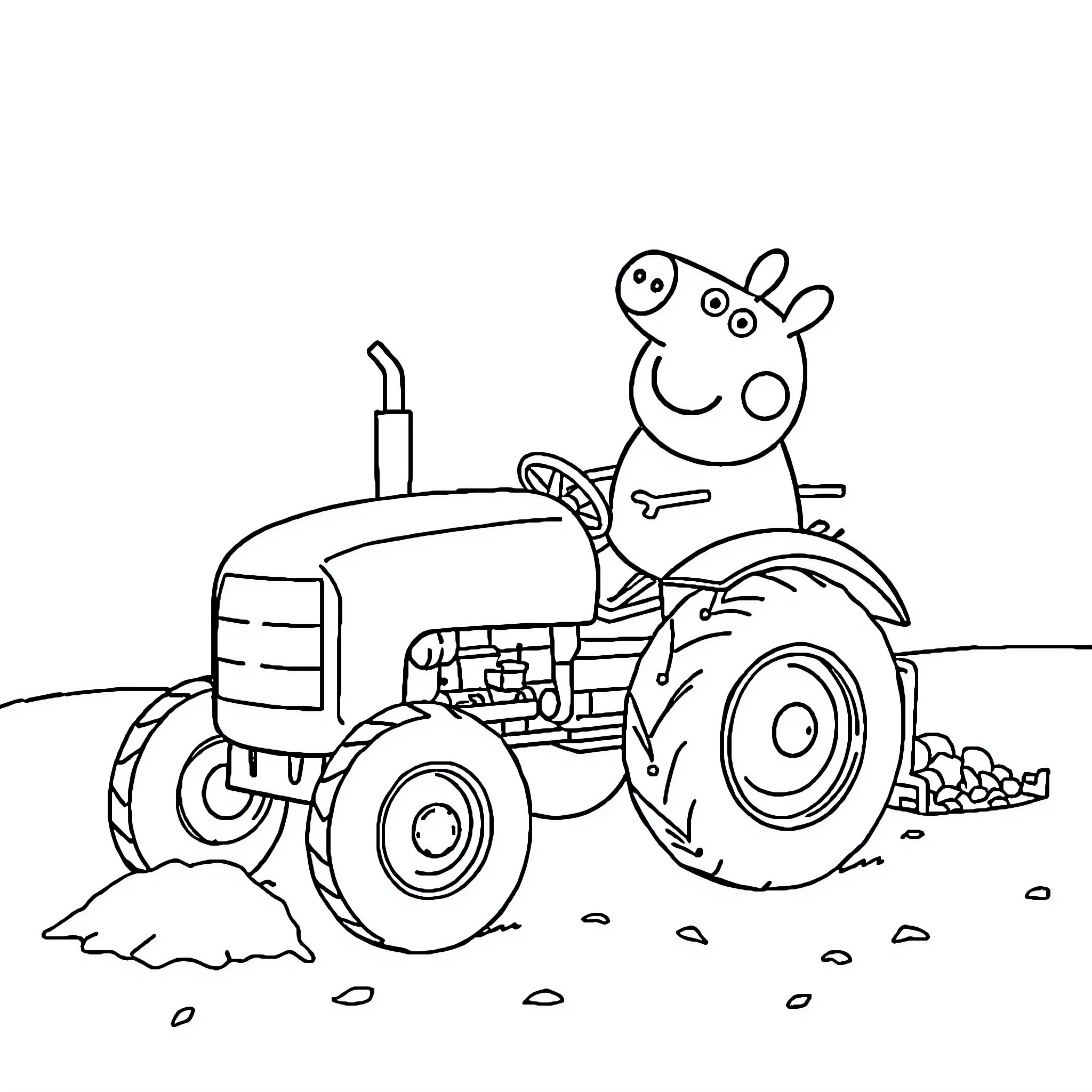Peppa Pig driving a tractor in the countryside Coloring Page (free black-and-white line drawing printable PDF for all, from beginners to advanced learners, including children, teens, adults, and seniors)