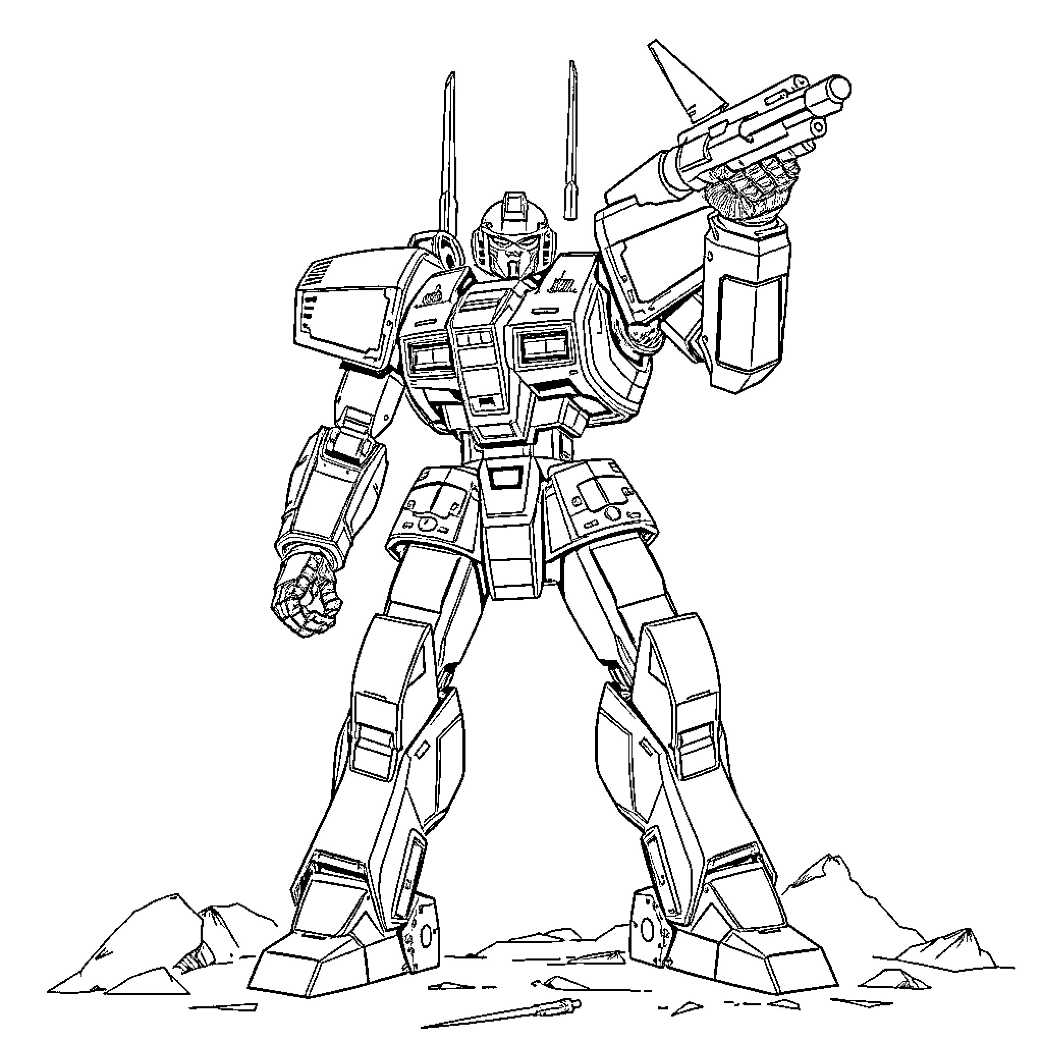 Robot Mech Warrior Standing Tall in a Rugged Landscape Coloring Page (free black-and-white line drawing printable PDF for all, from beginners to advanced learners, including children, teens, adults, and seniors)