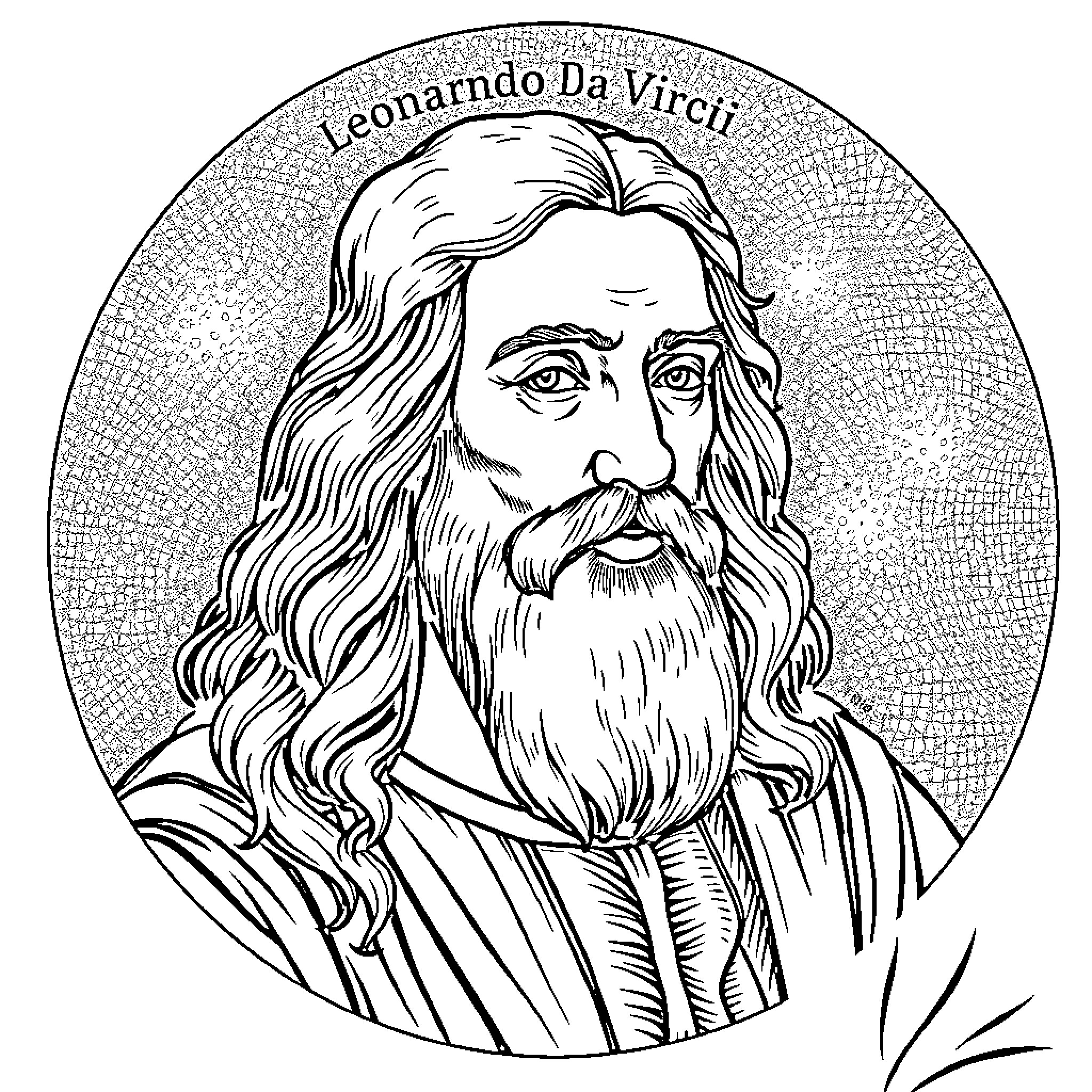 Leonardo Da Vinci's Iconic Portrait Depicting His Renowned Visage Coloring Page (free black-and-white line drawing printable PDF for all, from beginners to advanced learners, including children, teens, adults, and seniors)