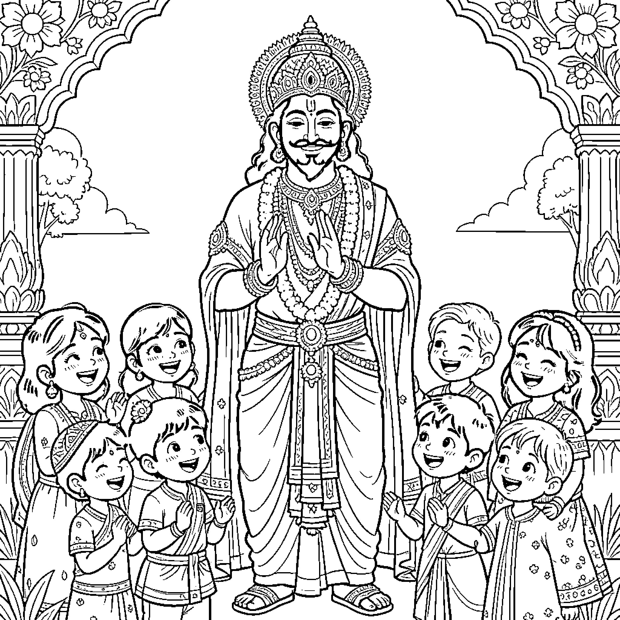 Lord Parameshwar blessing a group of joyful children Coloring Page (free black-and-white line drawing printable PDF for all, from beginners to advanced learners, including children, teens, adults, and seniors)