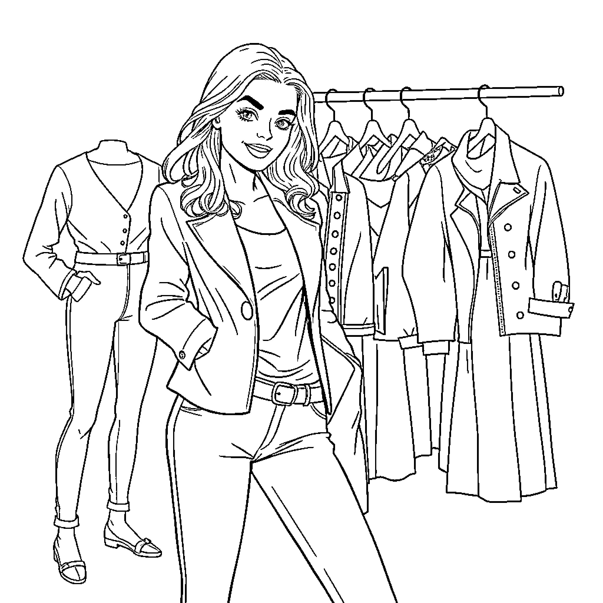 Model browsing stylish outfits in a clothing store Coloring Page (free black-and-white line drawing printable PDF for all, from beginners to advanced learners, including children, teens, adults, and seniors)
