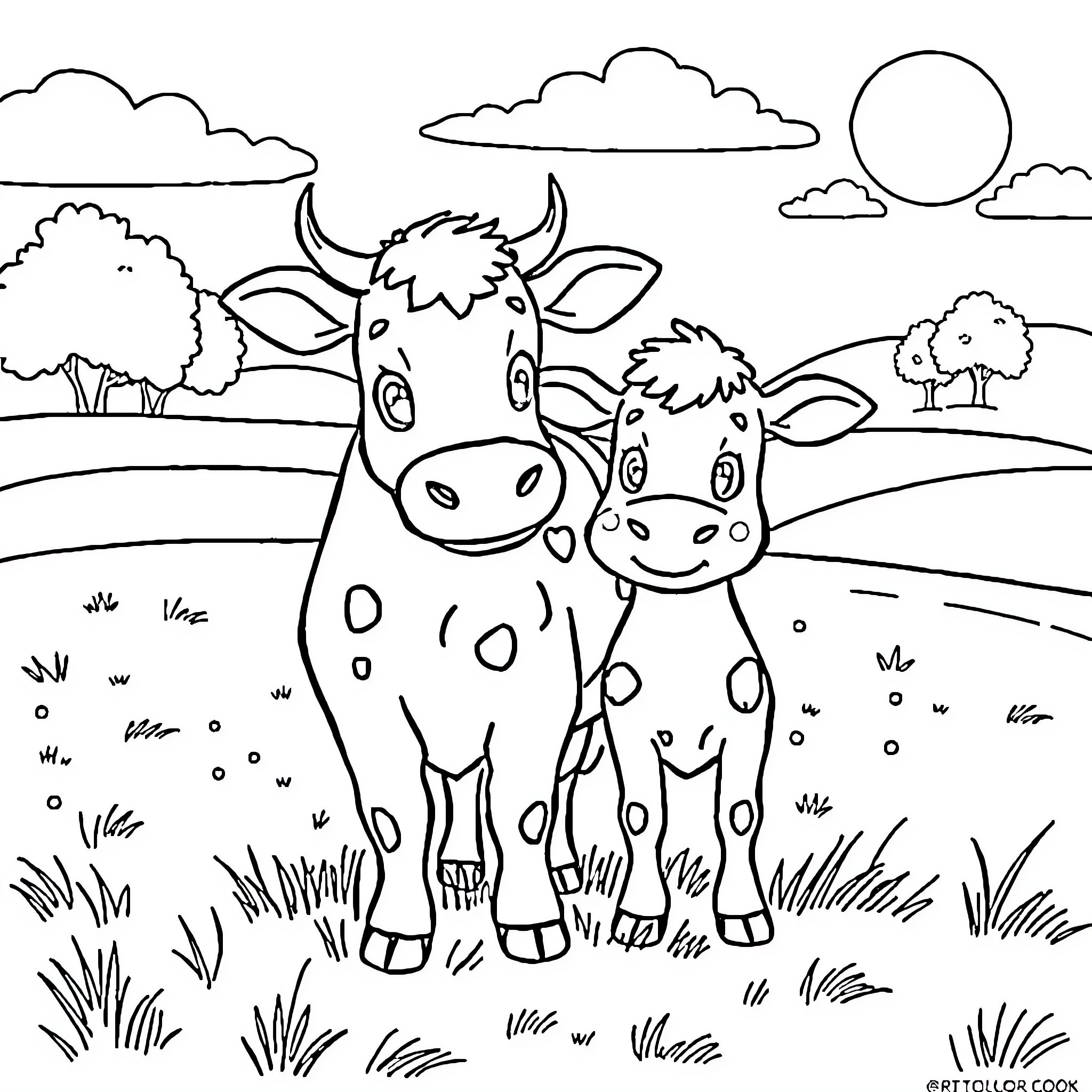 Girl and Cow enjoying the countryside Coloring Page (free black-and-white line drawing printable PDF for all, from beginners to advanced learners, including children, teens, adults, and seniors)
