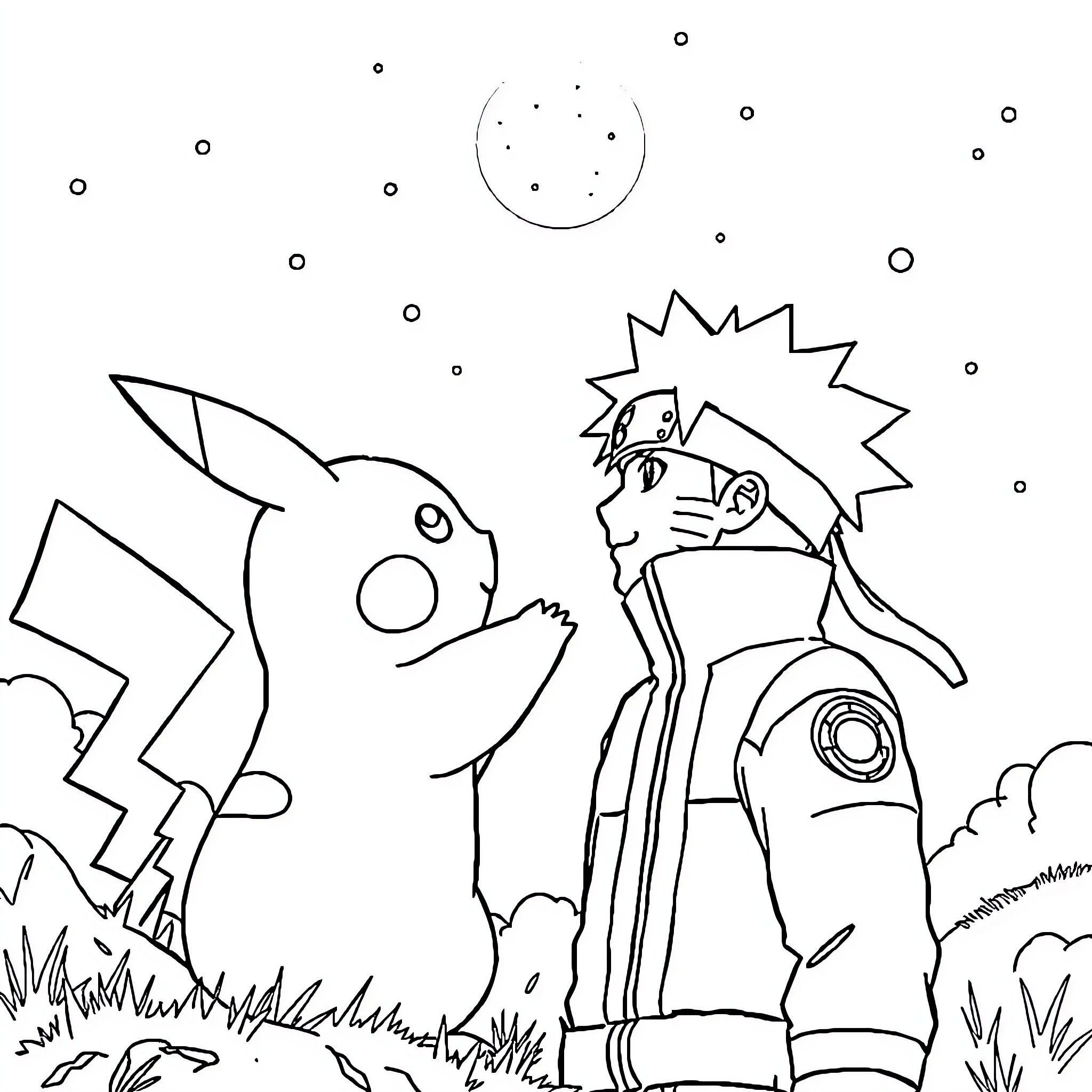 Pikachu and Trainer Explore the Wilderness Coloring Page (free black-and-white line drawing printable PDF for all, from beginners to advanced learners, including children, teens, adults, and seniors)