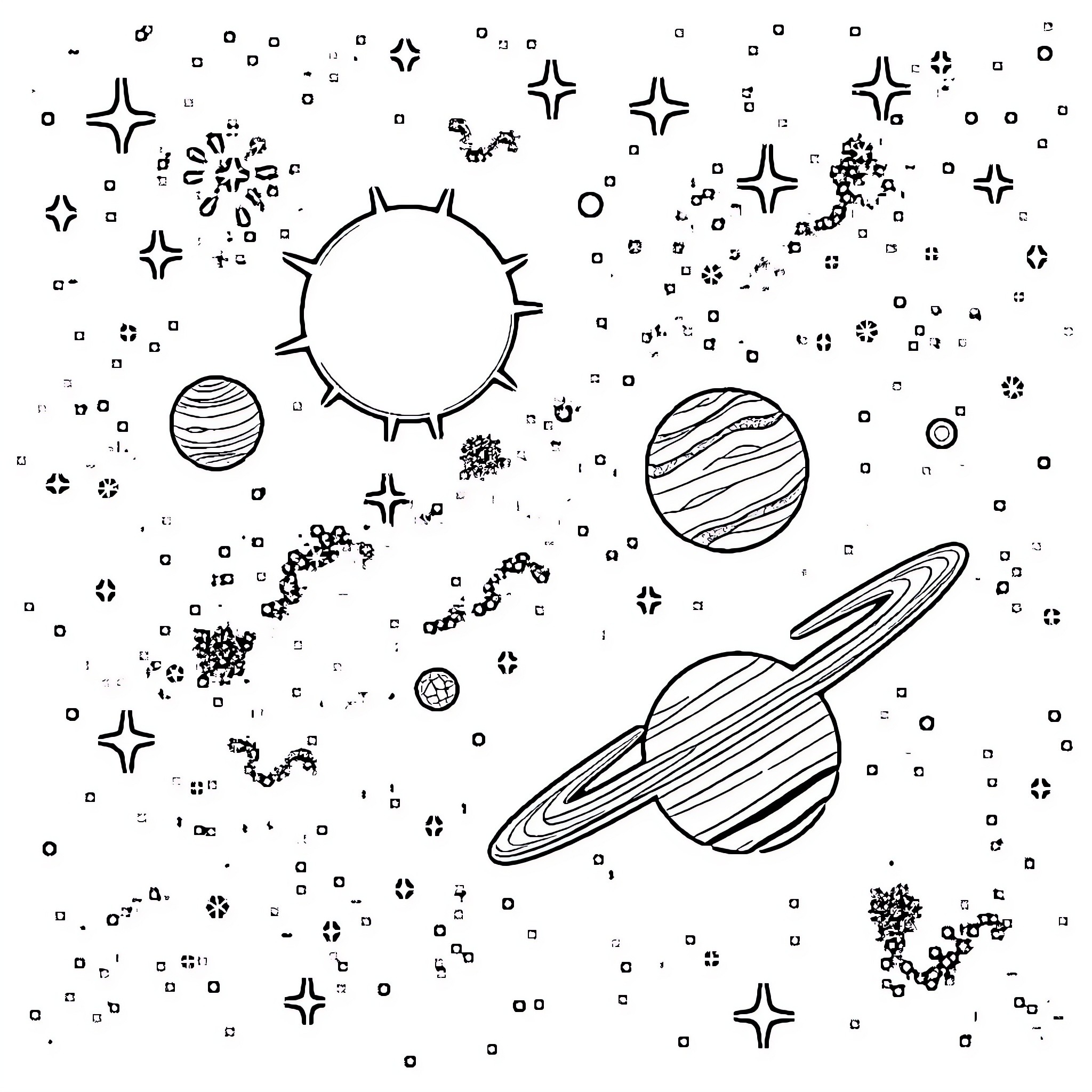 Space Exploration of Celestial Bodies Coloring Page (free black-and-white line drawing printable PDF for all, from beginners to advanced learners, including children, teens, adults, and seniors)