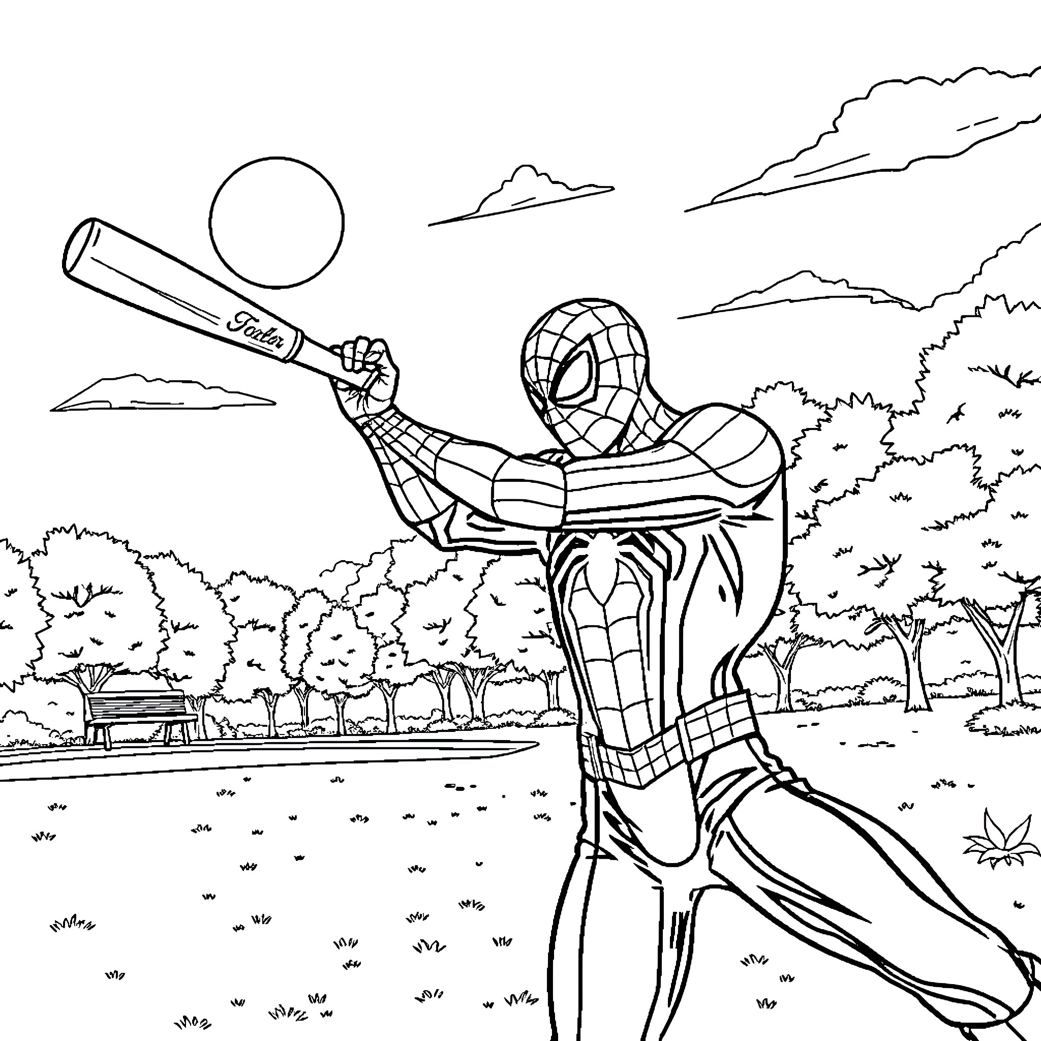 Spiderman swinging through the city skyline Coloring Page (free black-and-white line drawing printable PDF for all, from beginners to advanced learners, including children, teens, adults, and seniors)