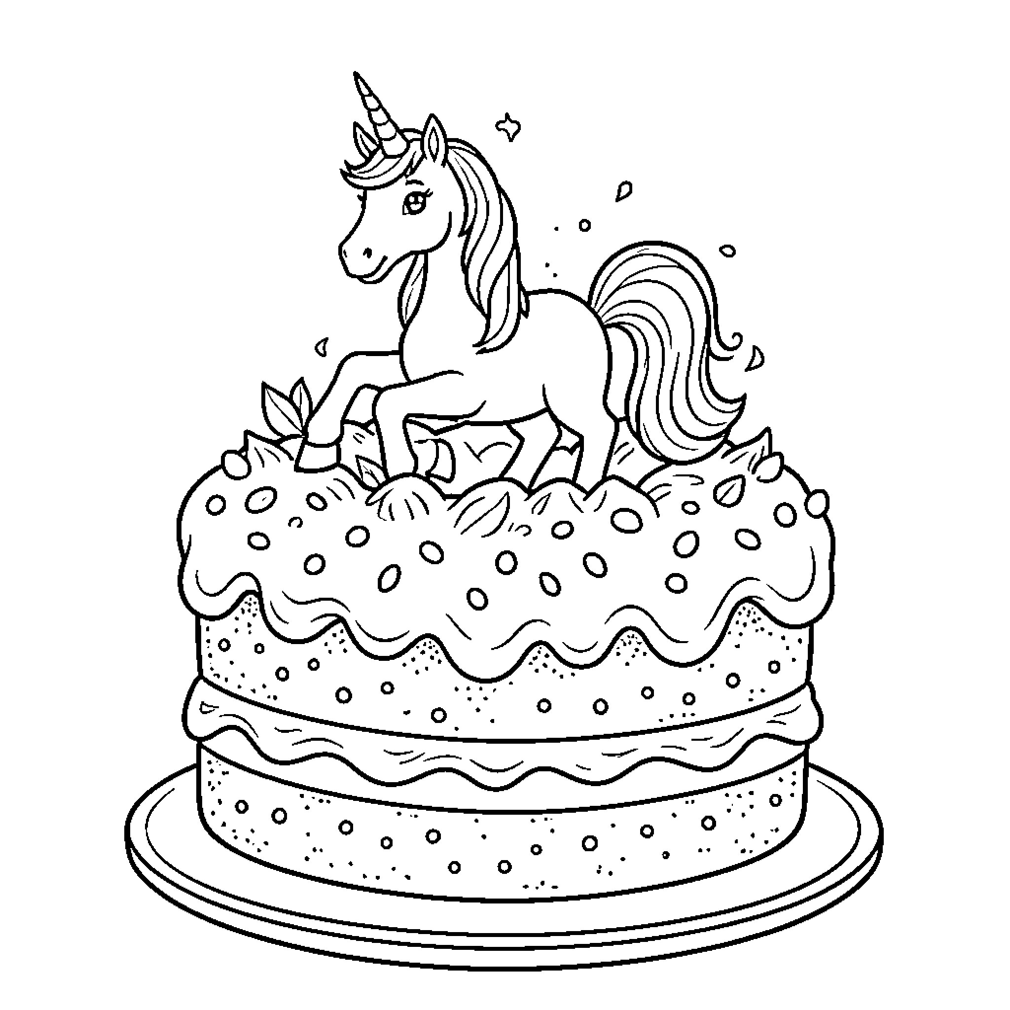 Unicorn sitting atop a delightful cake Coloring Page (free black-and-white line drawing printable PDF for all, from beginners to advanced learners, including children, teens, adults, and seniors)