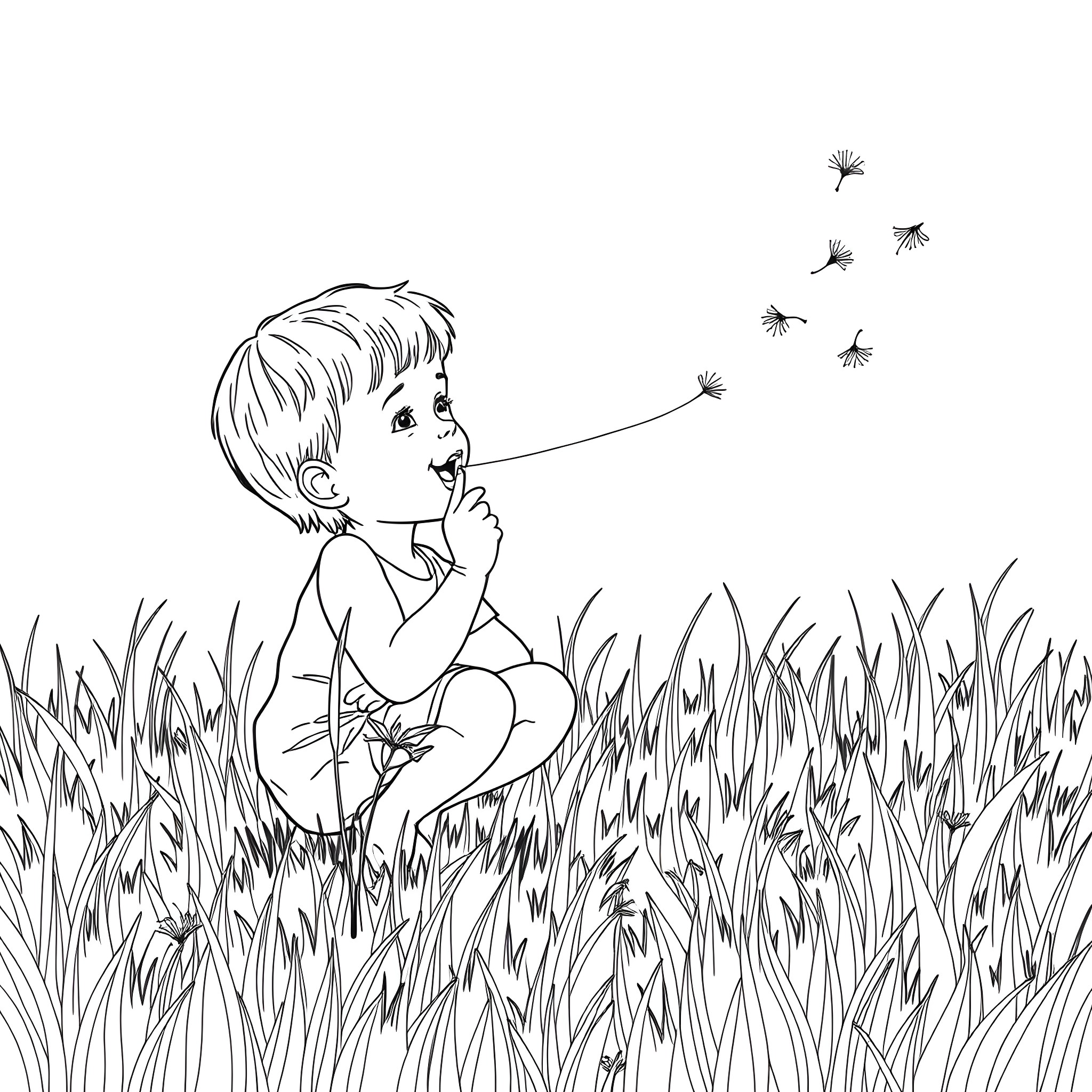 Kid blowing dandelion flowers in the grass Coloring Page (free black-and-white line drawing printable PDF for all, from beginners to advanced learners, including children, teens, adults, and seniors)