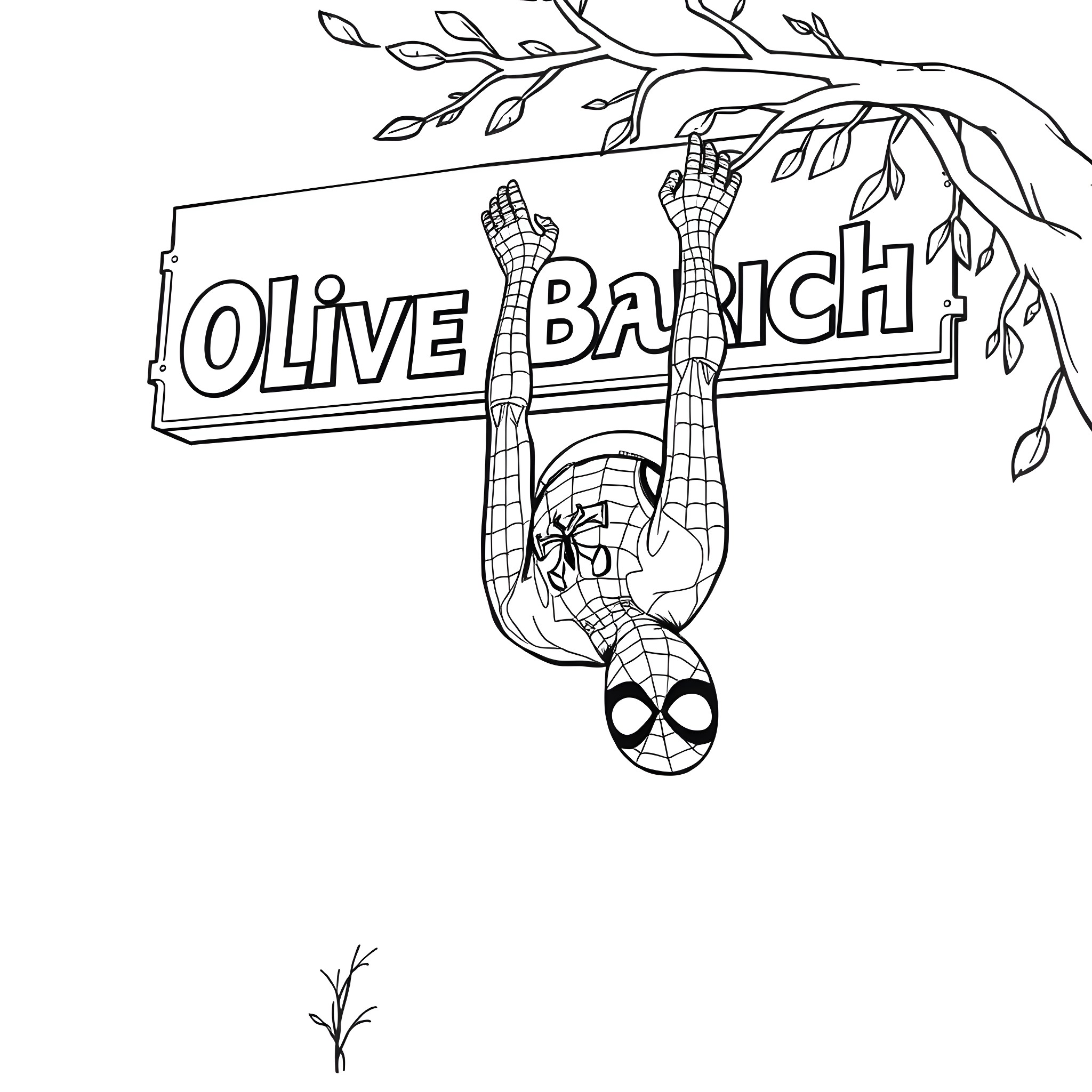 Spiderman hanging from a tree branch at Olive Branch Coloring Page (free black-and-white line drawing printable PDF for all, from beginners to advanced learners, including children, teens, adults, and seniors)