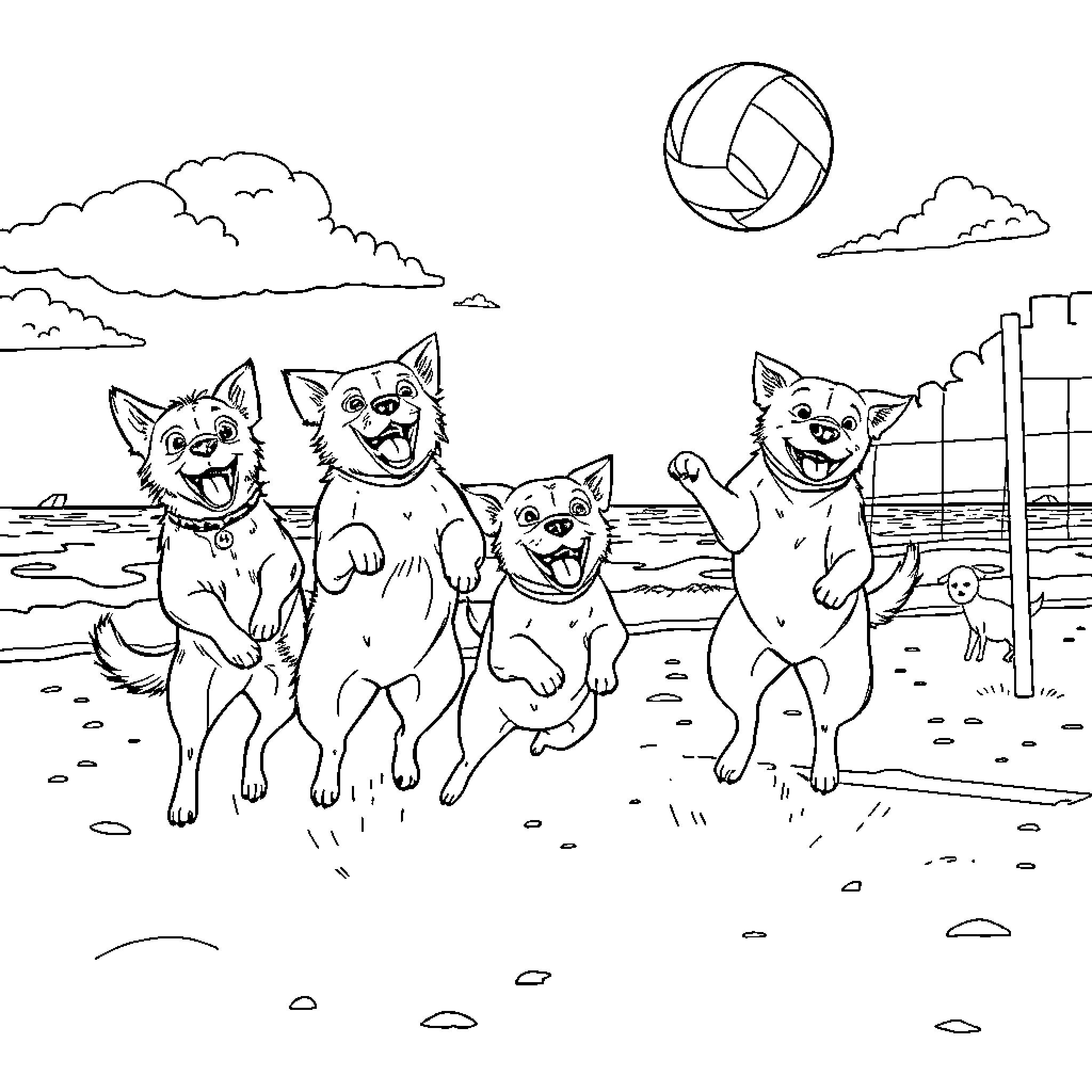Dogs playing with volleyball on the beach Coloring Page (free black-and-white line drawing printable PDF for all, from beginners to advanced learners, including children, teens, adults, and seniors)
