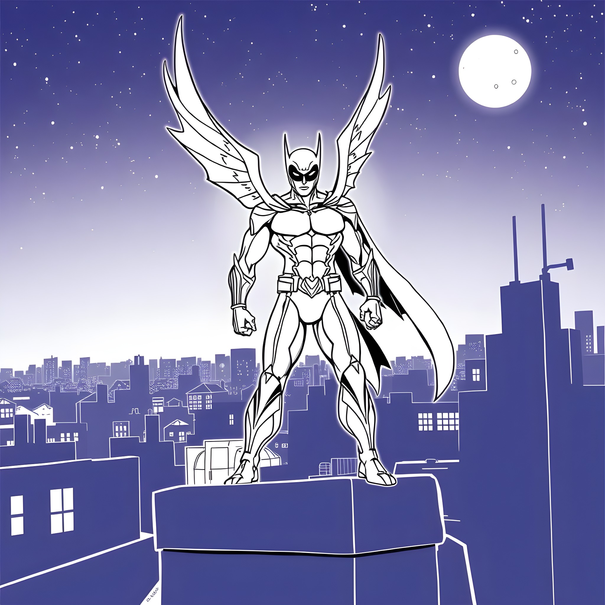 Moonwing superhero soaring over the city Coloring Page (free black-and-white line drawing printable PDF for all, from beginners to advanced learners, including children, teens, adults, and seniors)