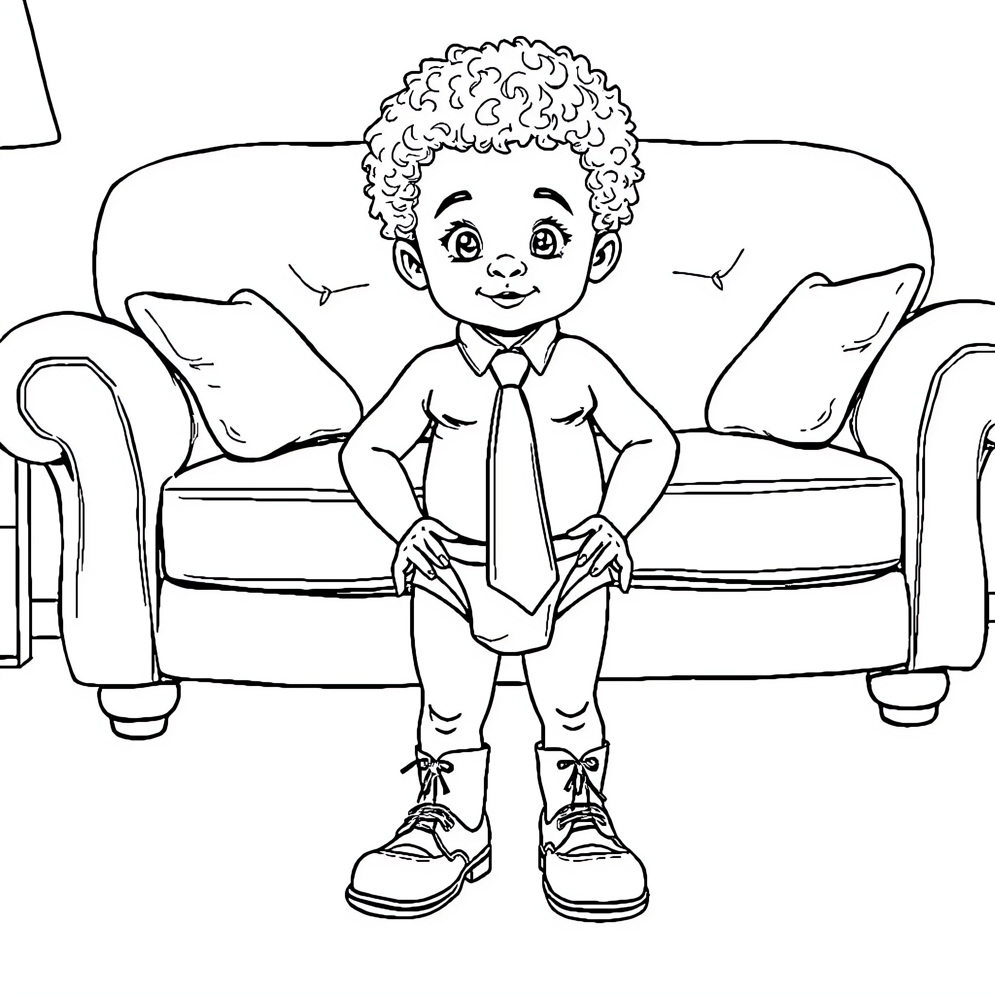 Boy seated on couch with a smile Coloring Page (free black-and-white line drawing printable PDF for all, from beginners to advanced learners, including children, teens, adults, and seniors)