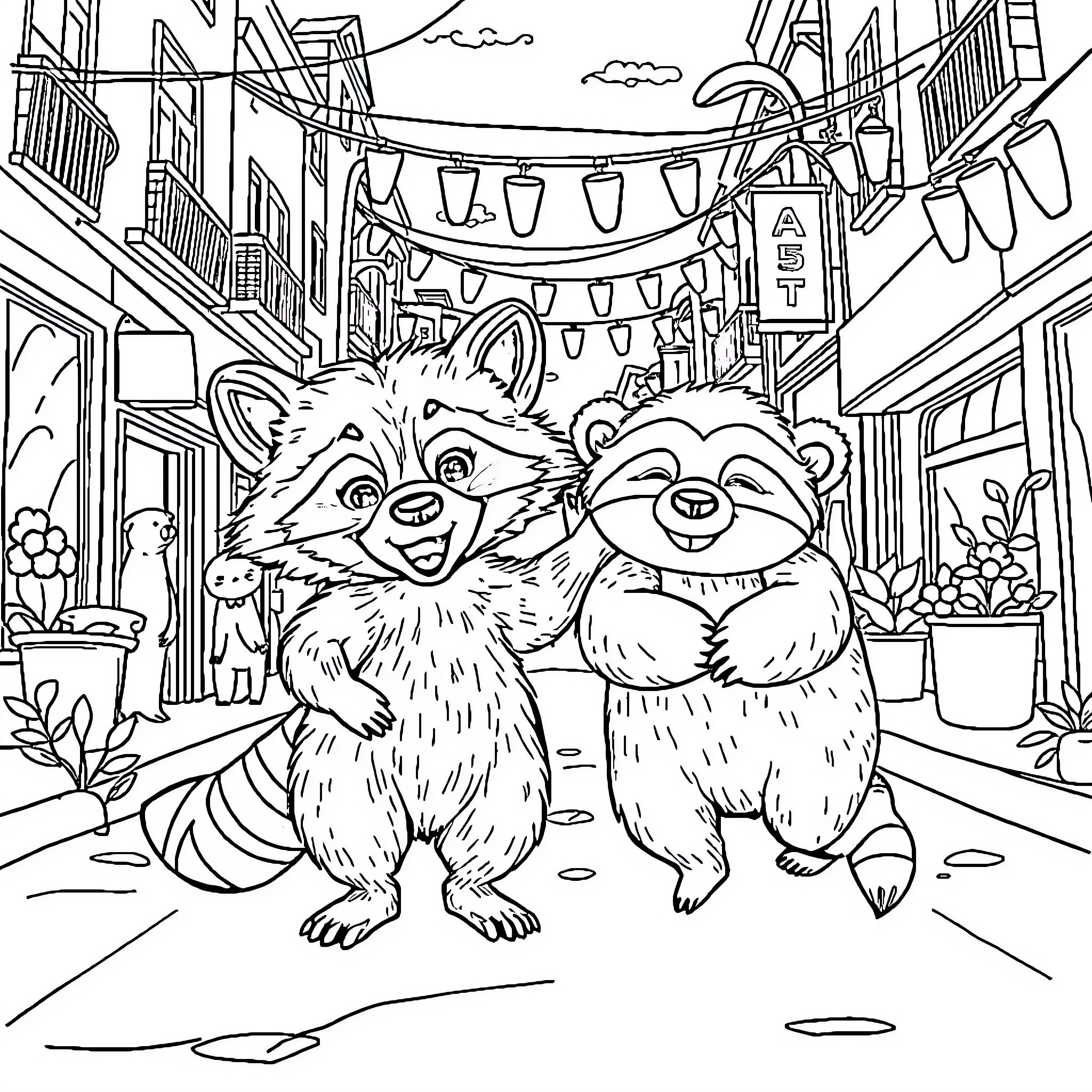 Raccoon friends exploring a colorful festival street Coloring Page (free black-and-white line drawing printable PDF for all, from beginners to advanced learners, including children, teens, adults, and seniors)